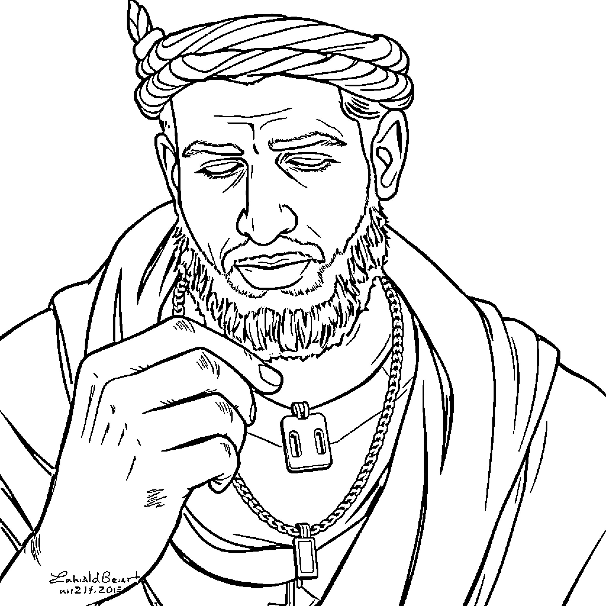 Mohammed Salah in thoughtful contemplation Coloring Page (free black-and-white line drawing printable PDF for all, from beginners to advanced learners, including children, teens, adults, and seniors)