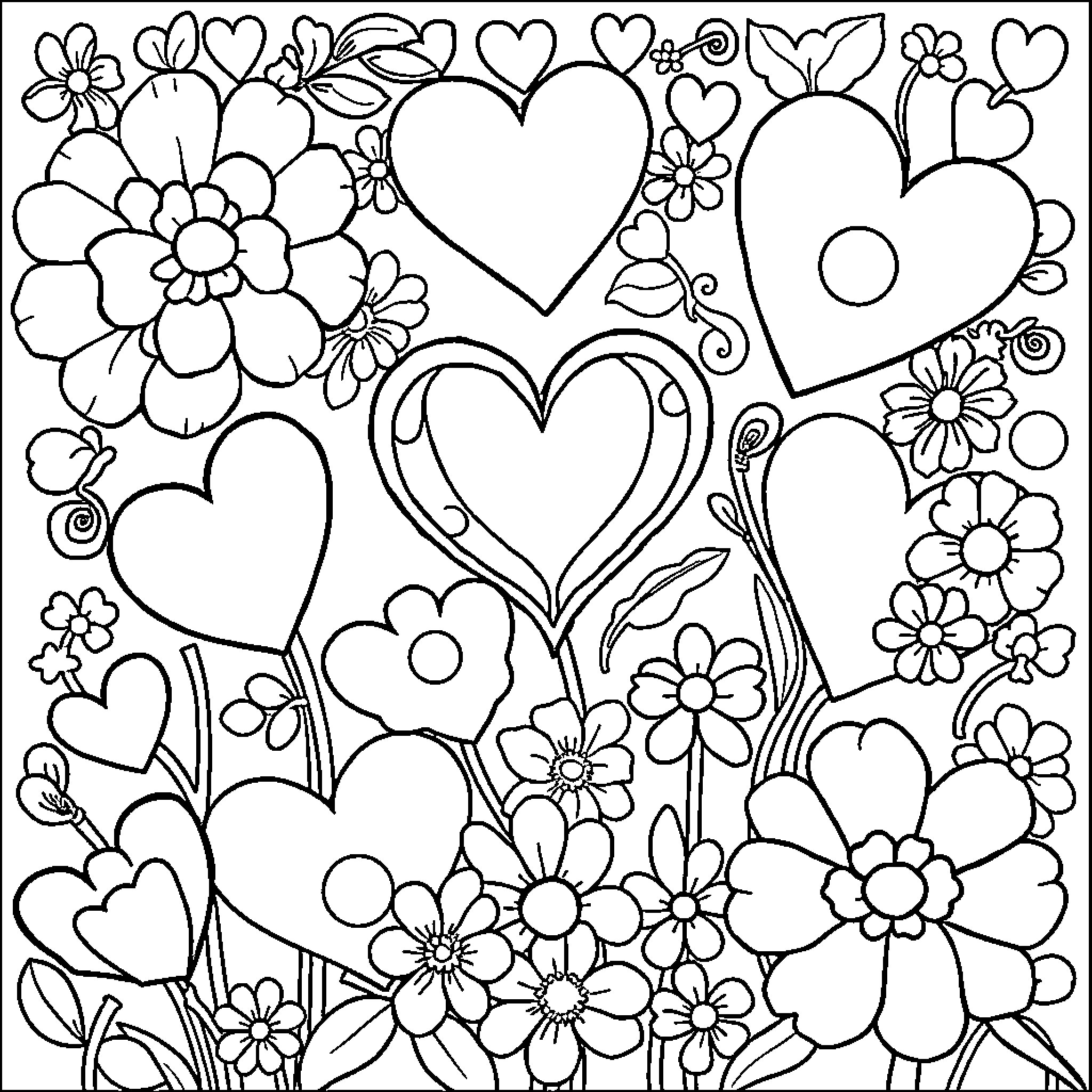 Valentine Floral Hearts and Flowers Coloring Page (free black-and-white line drawing printable PDF for all, from beginners to advanced learners, including children, teens, adults, and seniors)