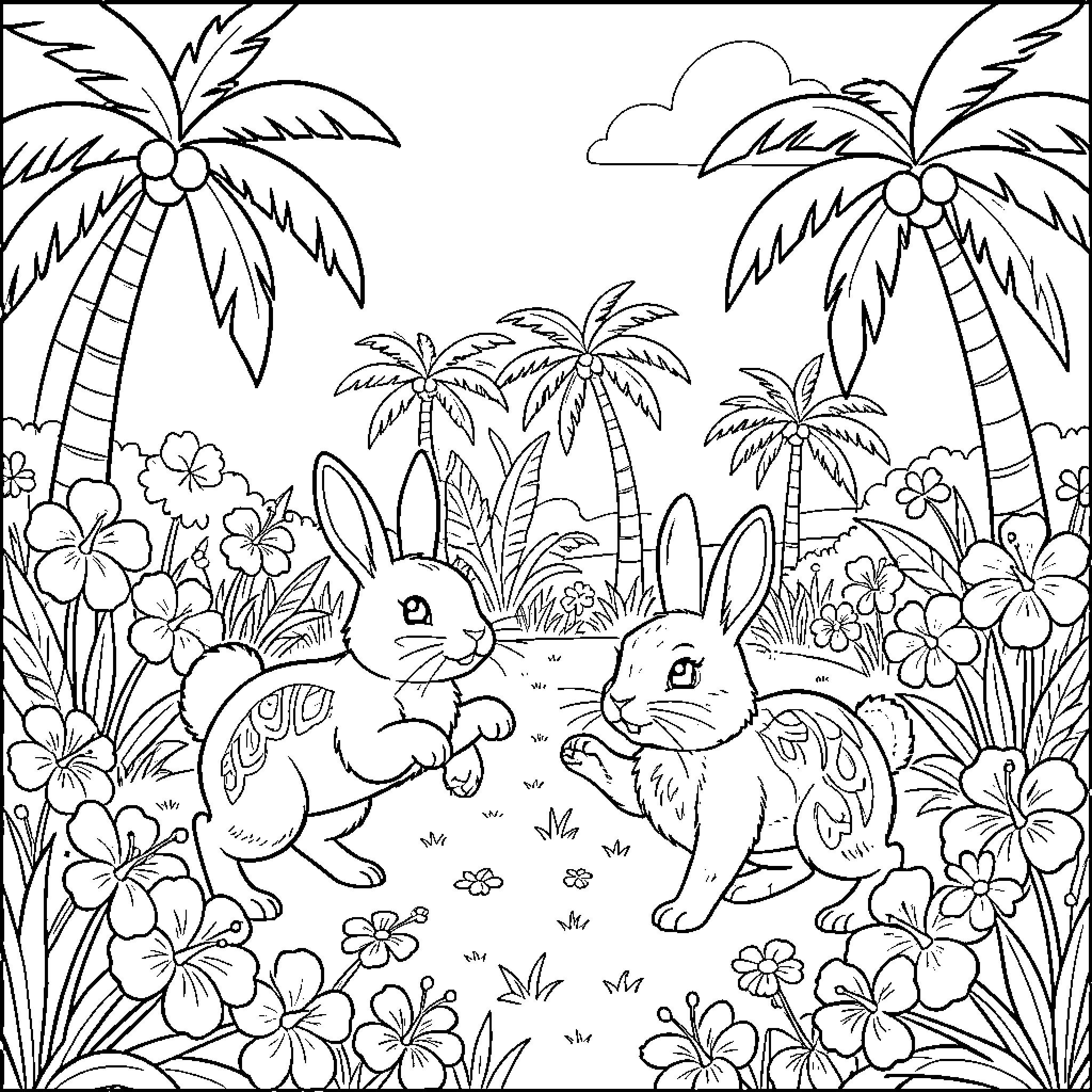 Bunny friends exploring tropical paradise Coloring Page (free black-and-white line drawing printable PDF for all, from beginners to advanced learners, including children, teens, adults, and seniors)