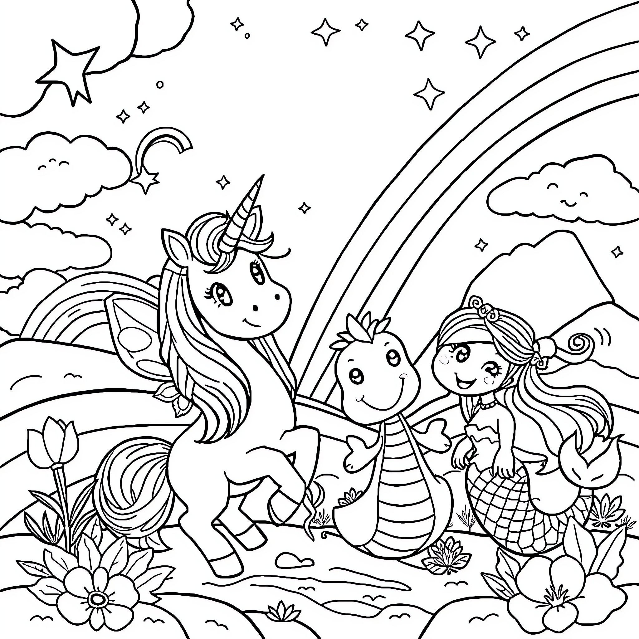 Unicorn and Fantastical Creatures in Magical Landscape Coloring Page (free black-and-white line drawing printable PDF for all, from beginners to advanced learners, including children, teens, adults, and seniors)