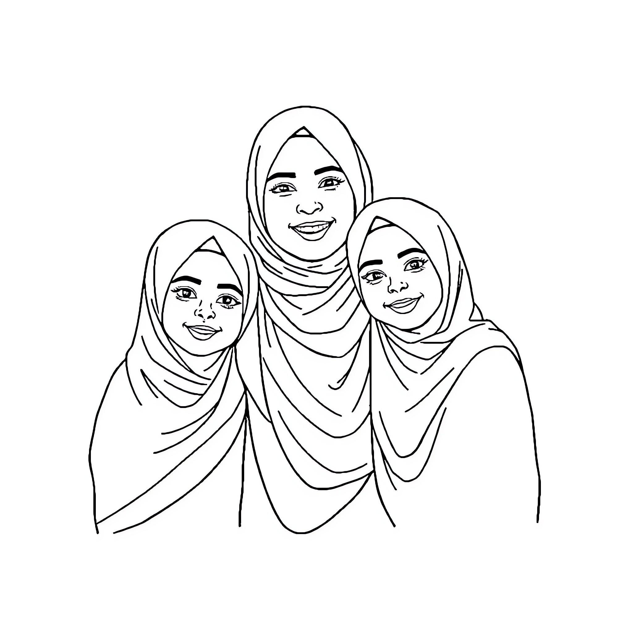 Mother and Daughters in Hijabs Coloring Page (free black-and-white line drawing printable PDF for all, from beginners to advanced learners, including children, teens, adults, and seniors)
