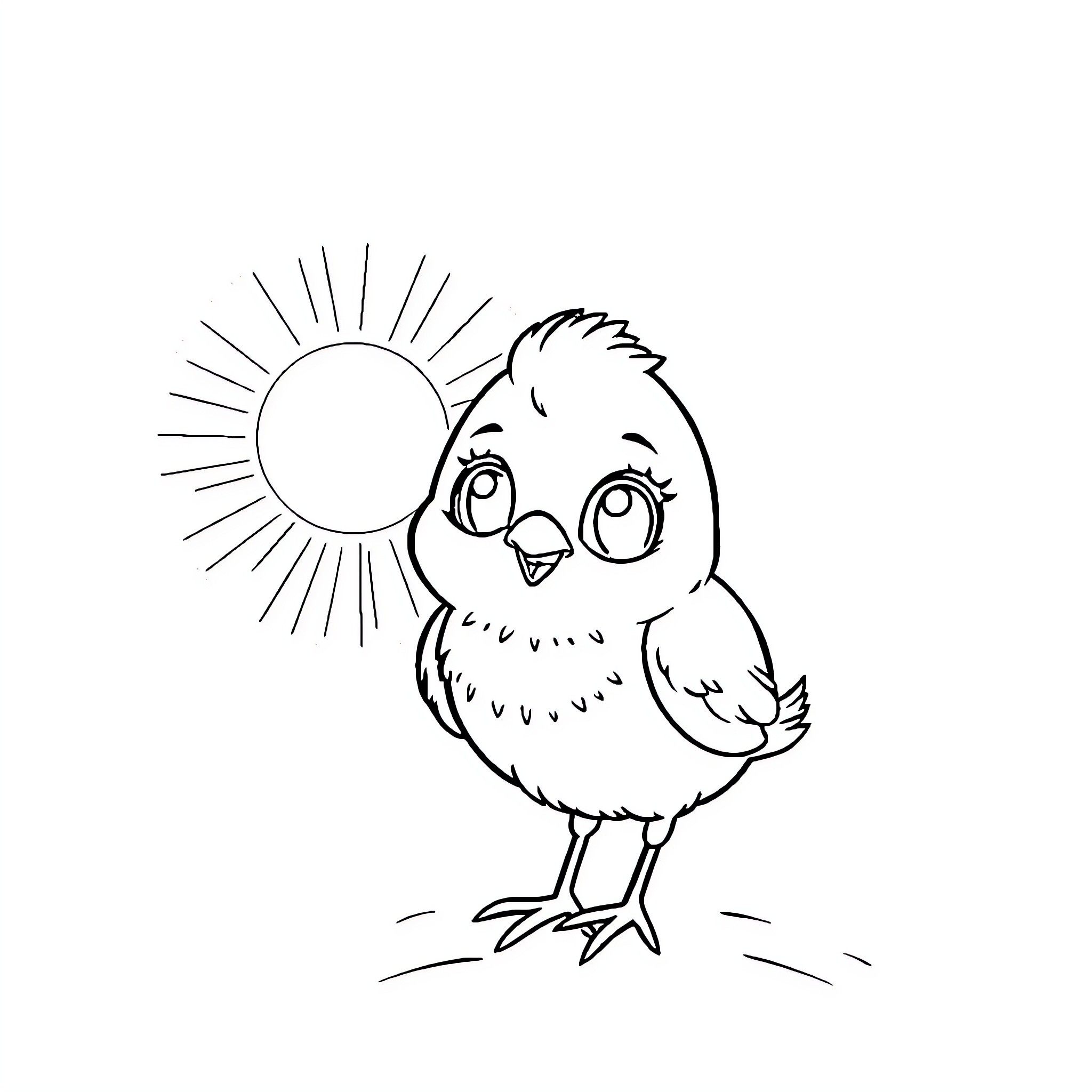 Woman delighted by cheerful chick under the sun Coloring Page (free black-and-white line drawing printable PDF for all, from beginners to advanced learners, including children, teens, adults, and seniors)