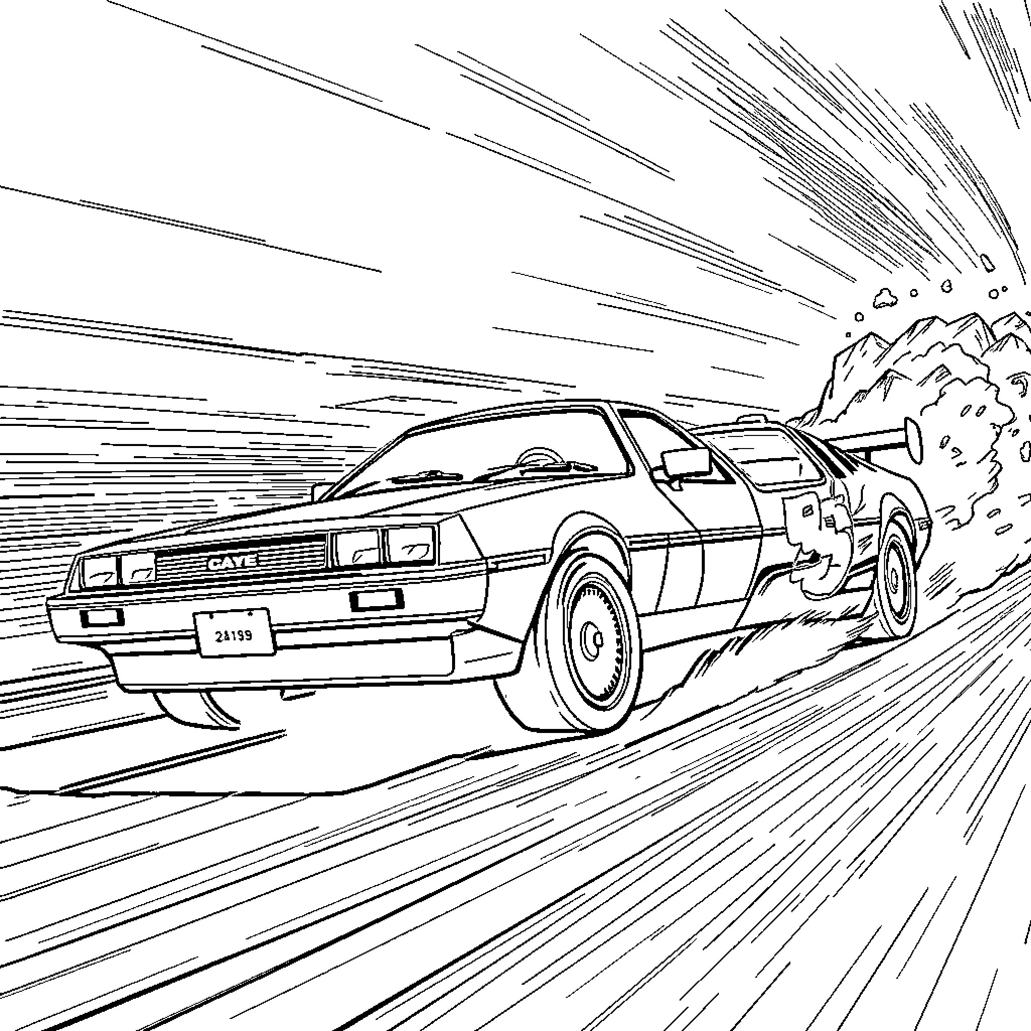 DeLorean speeding through the desert Coloring Page (free black-and-white line drawing printable PDF for all, from beginners to advanced learners, including children, teens, adults, and seniors)