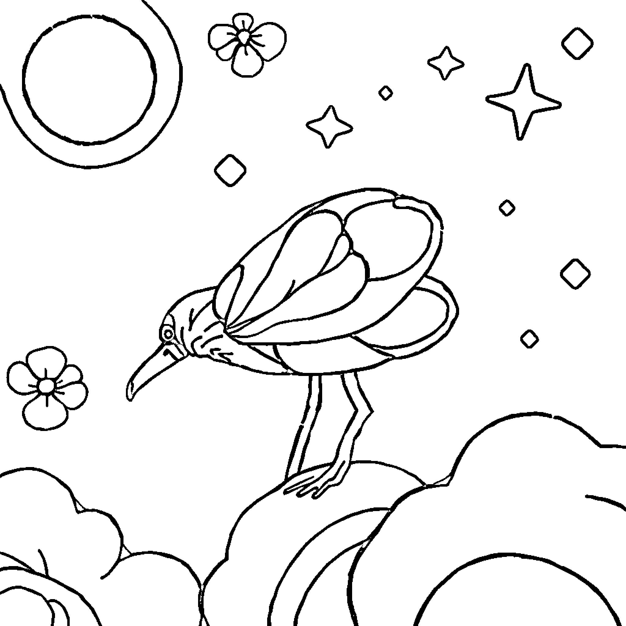 Writing whimsical nighttime scene with bird Coloring Page (free black-and-white line drawing printable PDF for all, from beginners to advanced learners, including children, teens, adults, and seniors)