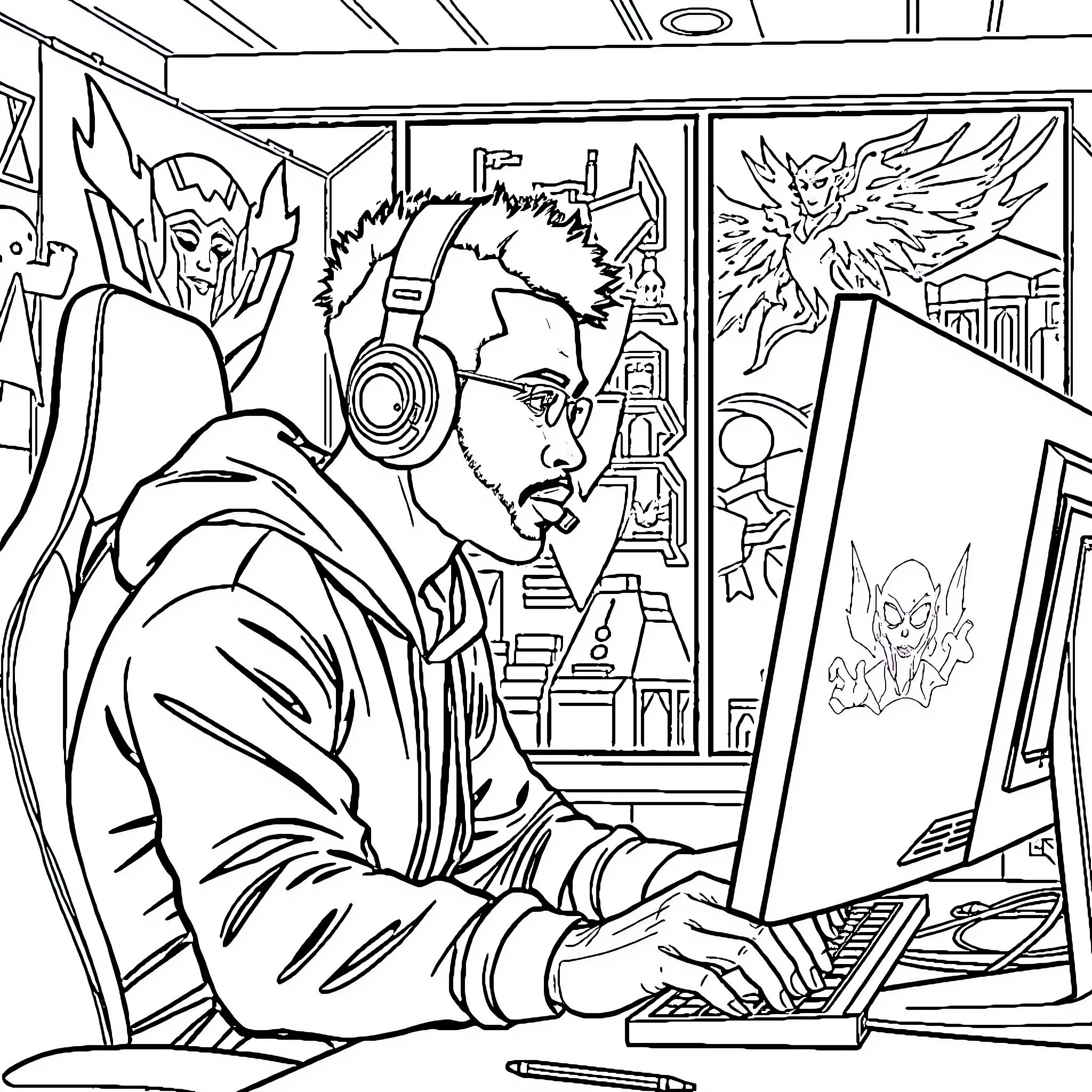 Gamer concentrating intensely on gameplay Coloring Page (free black-and-white line drawing printable PDF for all, from beginners to advanced learners, including children, teens, adults, and seniors)