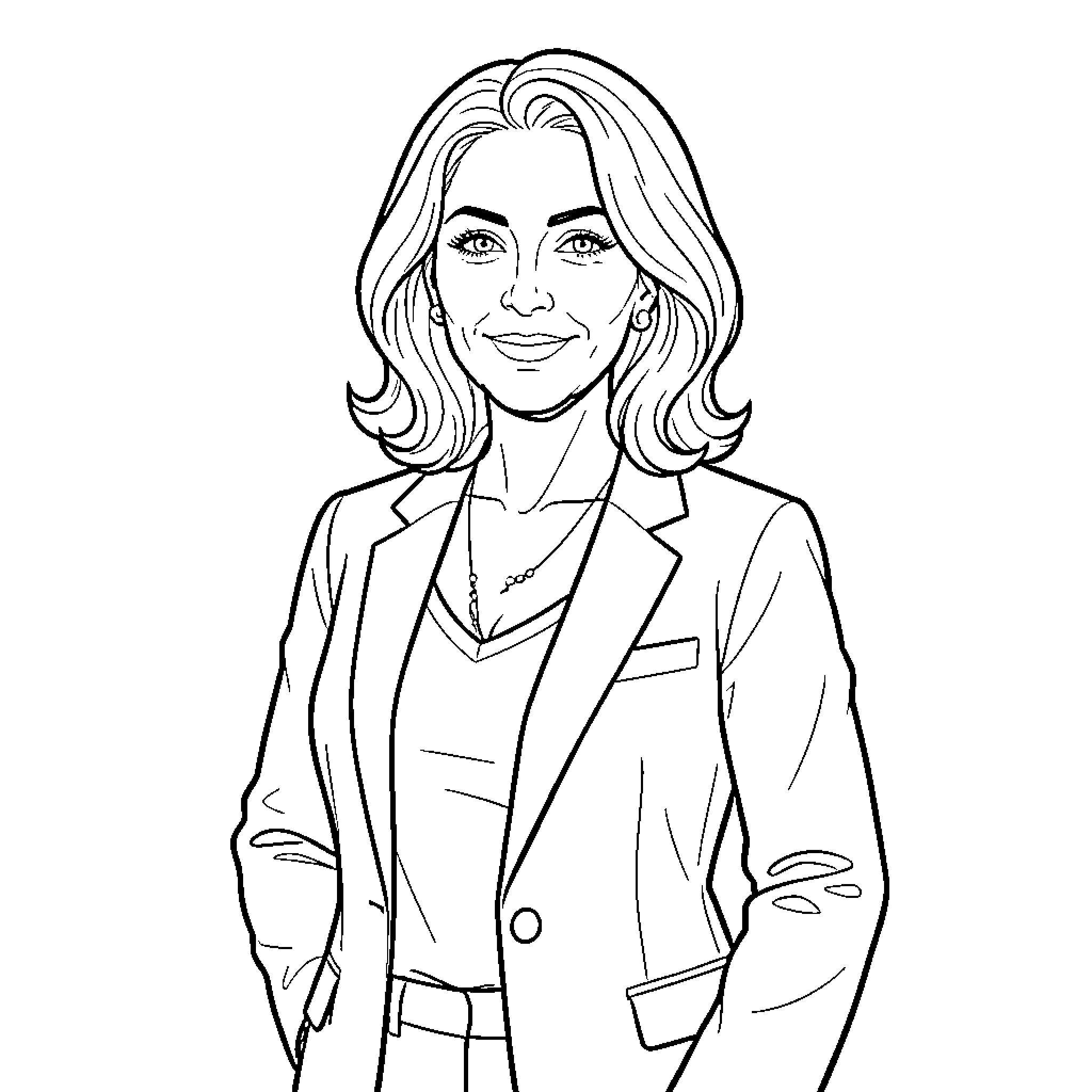 Woman in professional attire with a friendly expression Coloring Page (free black-and-white line drawing printable PDF for all, from beginners to advanced learners, including children, teens, adults, and seniors)