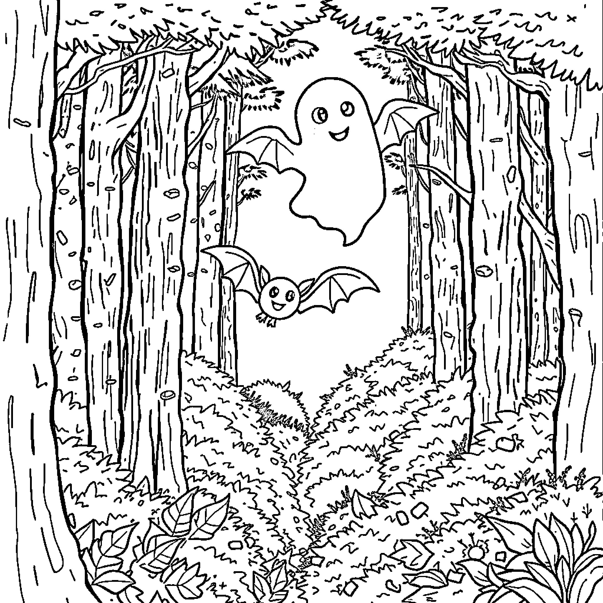 Bat flying happily in the spooky forest Coloring Page (free black-and-white line drawing printable PDF for all, from beginners to advanced learners, including children, teens, adults, and seniors)
