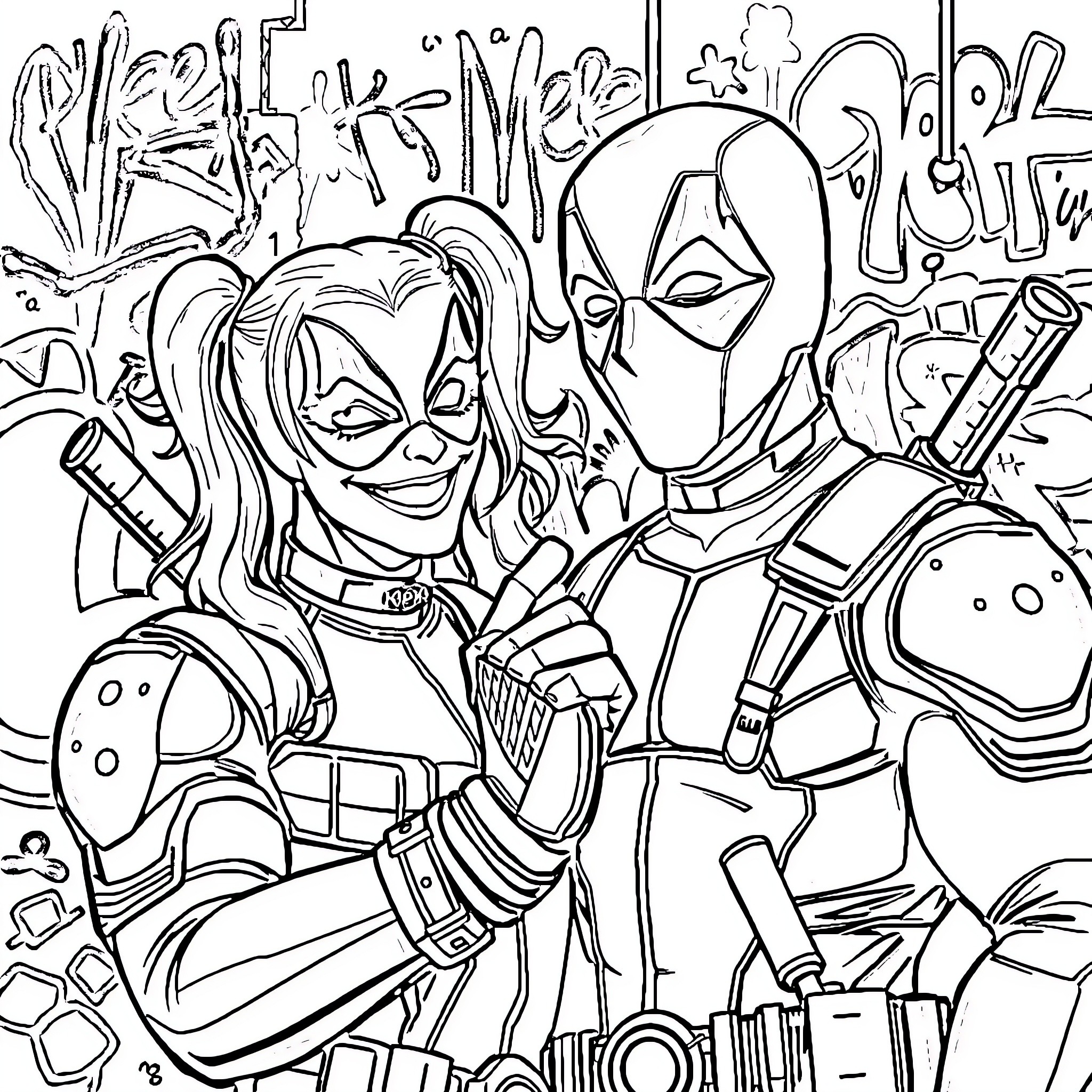 Deadpool and Harley Quinn in Action Coloring Page (free black-and-white line drawing printable PDF for all, from beginners to advanced learners, including children, teens, adults, and seniors)
