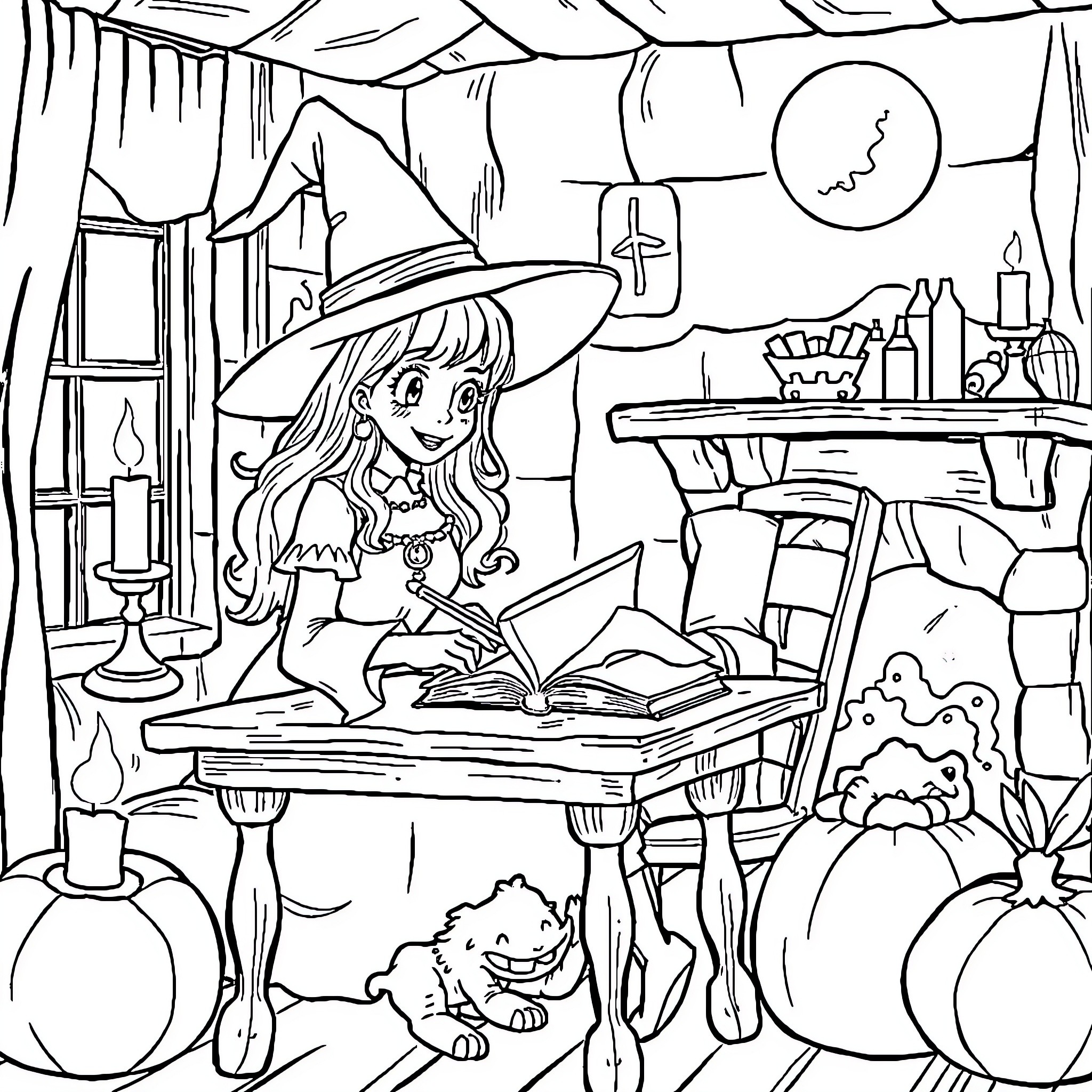 Witch studying spellbook in cozy cottage Coloring Page (free black-and-white line drawing printable PDF for all, from beginners to advanced learners, including children, teens, adults, and seniors)