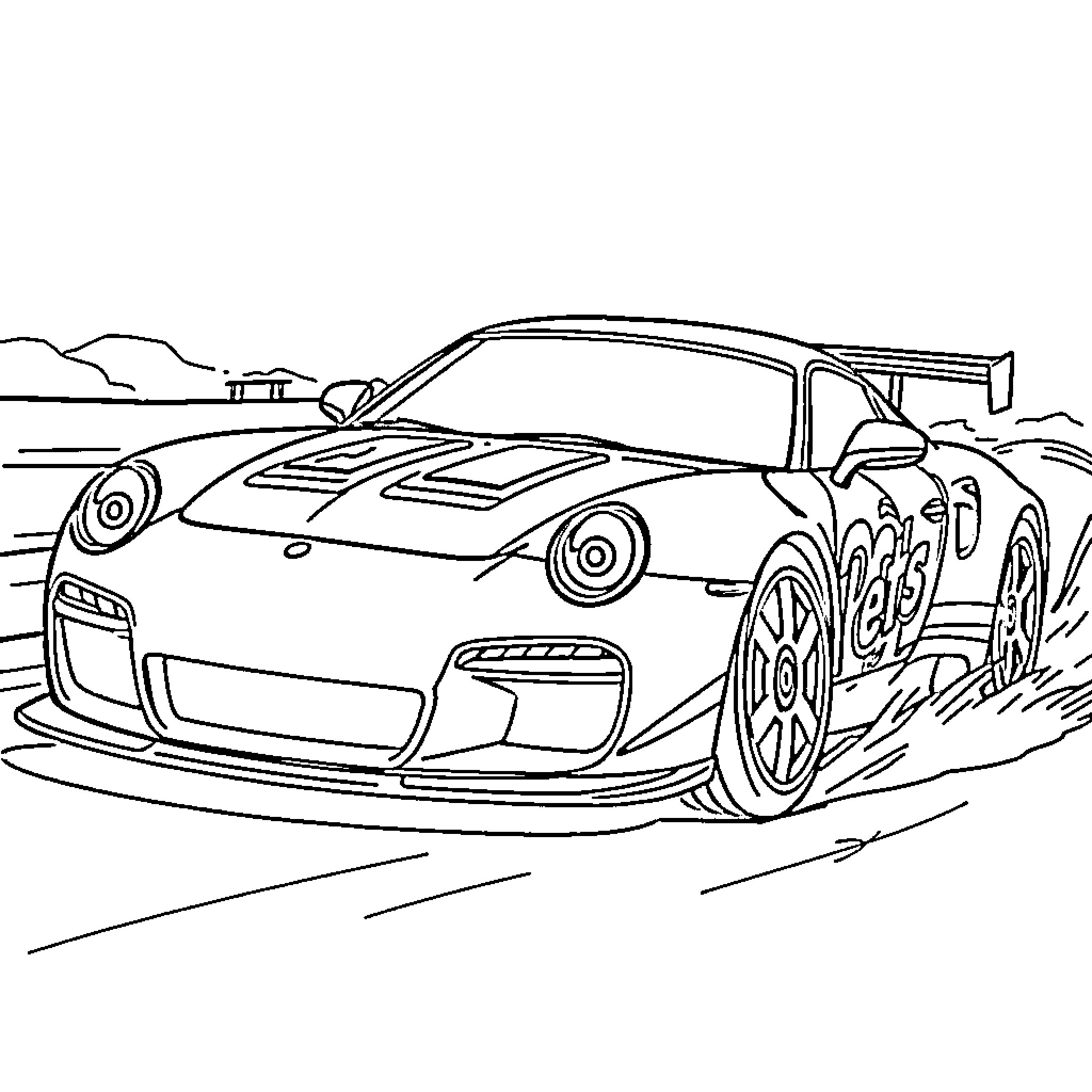 Race Car Racing Through Scenic Landscape Coloring Page (free black-and-white line drawing printable PDF for all, from beginners to advanced learners, including children, teens, adults, and seniors)