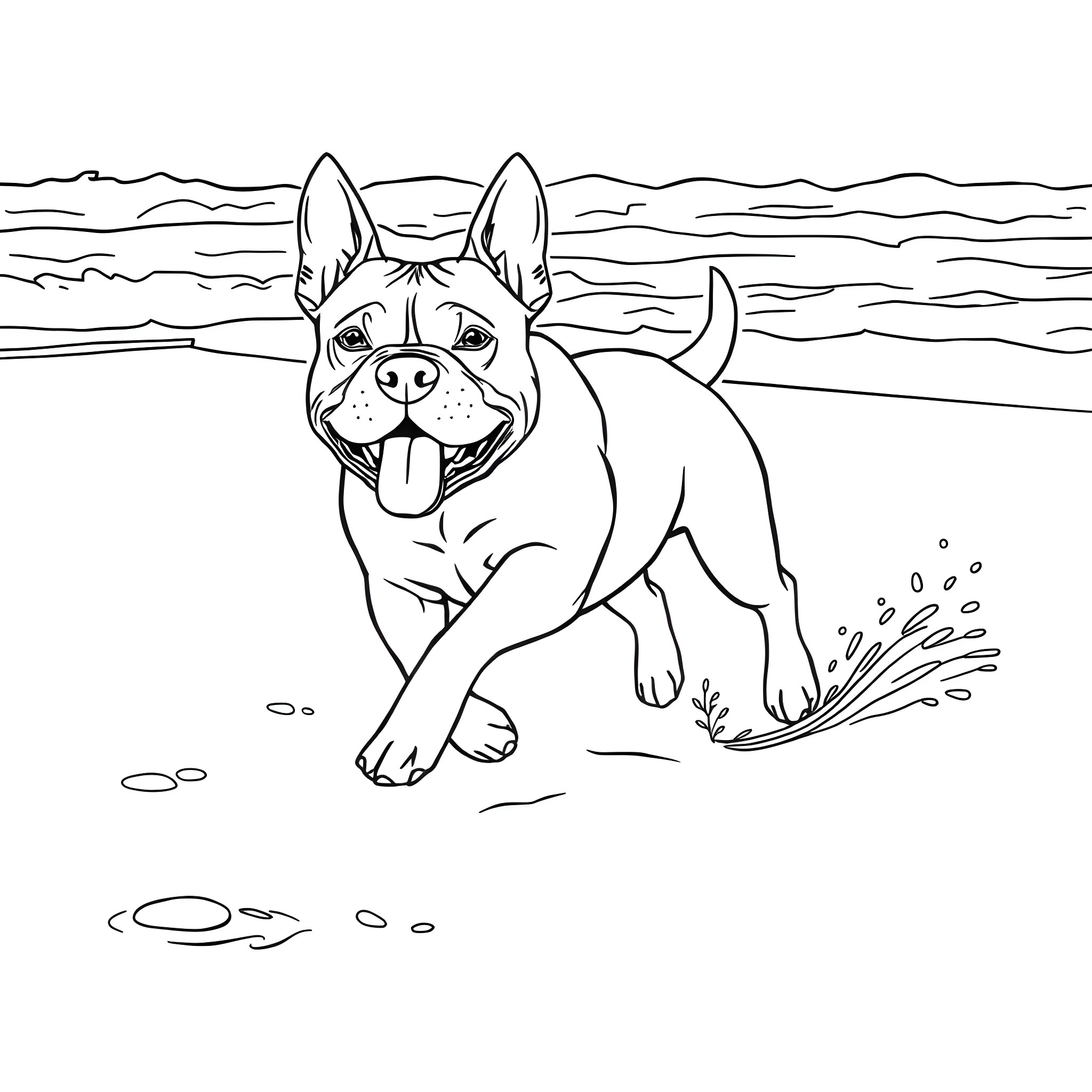 Dog playing joyfully in the water Coloring Page (free black-and-white line drawing printable PDF for all, from beginners to advanced learners, including children, teens, adults, and seniors)