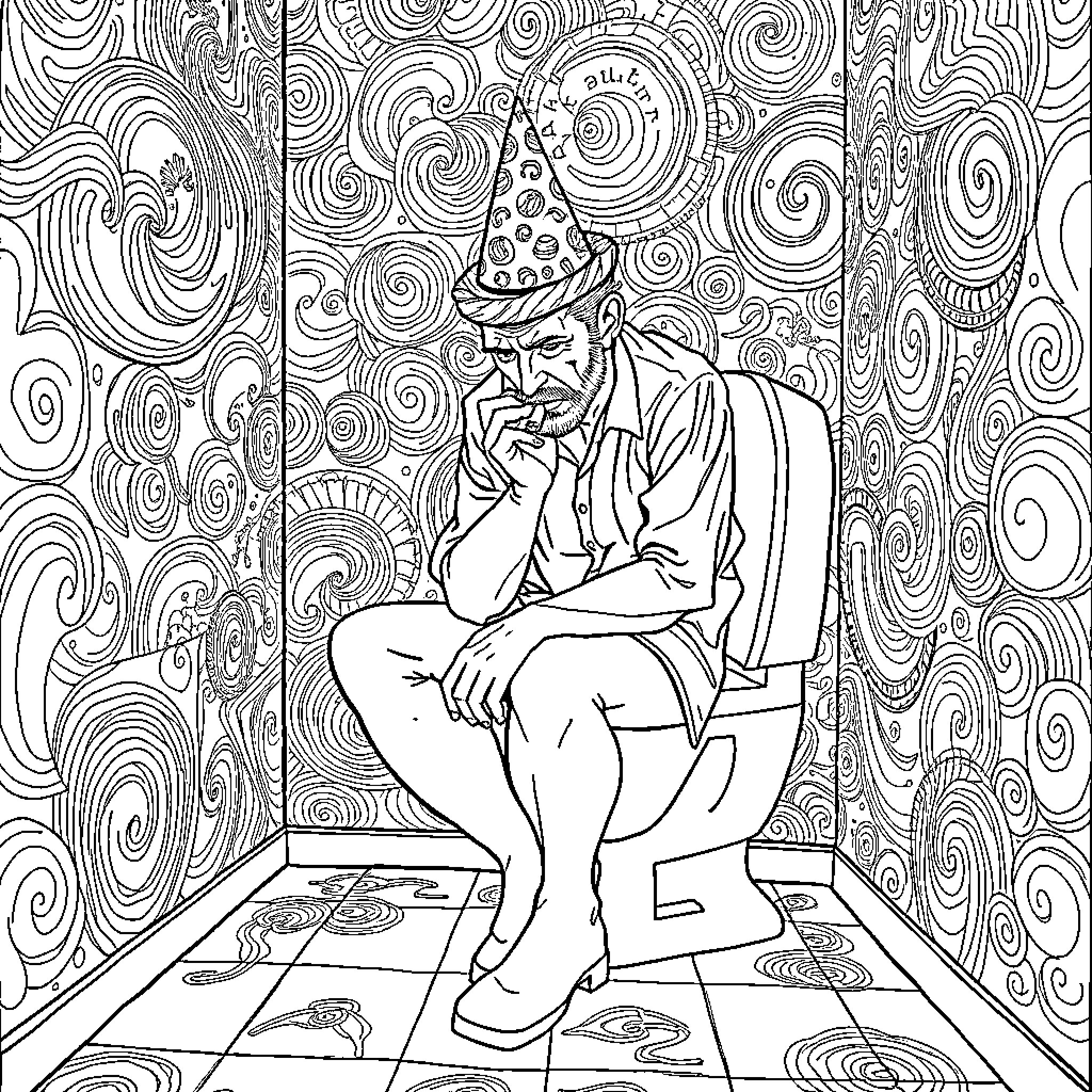 Man in whimsical contemplation in abstract setting Coloring Page (free black-and-white line drawing printable PDF for all, from beginners to advanced learners, including children, teens, adults, and seniors)