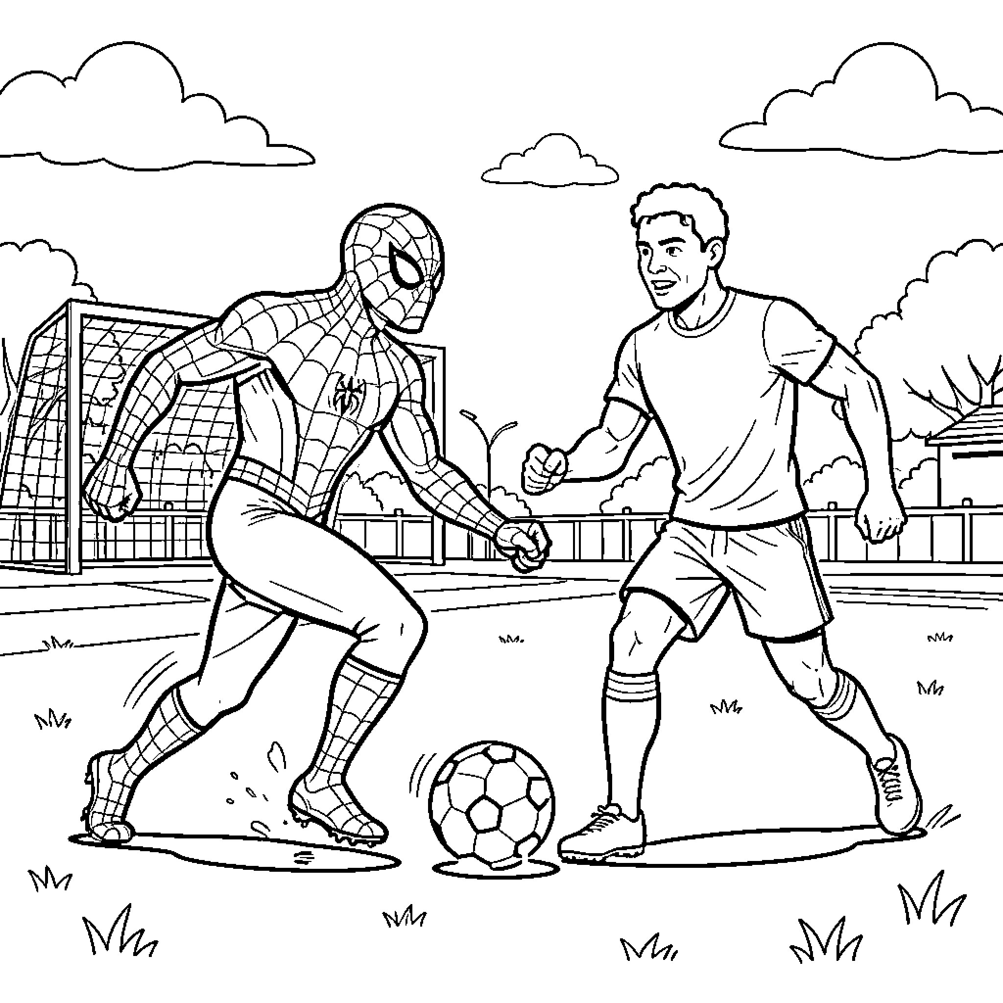 Spiderman playing a soccer match with a friend Coloring Page (free black-and-white line drawing printable PDF for all, from beginners to advanced learners, including children, teens, adults, and seniors)