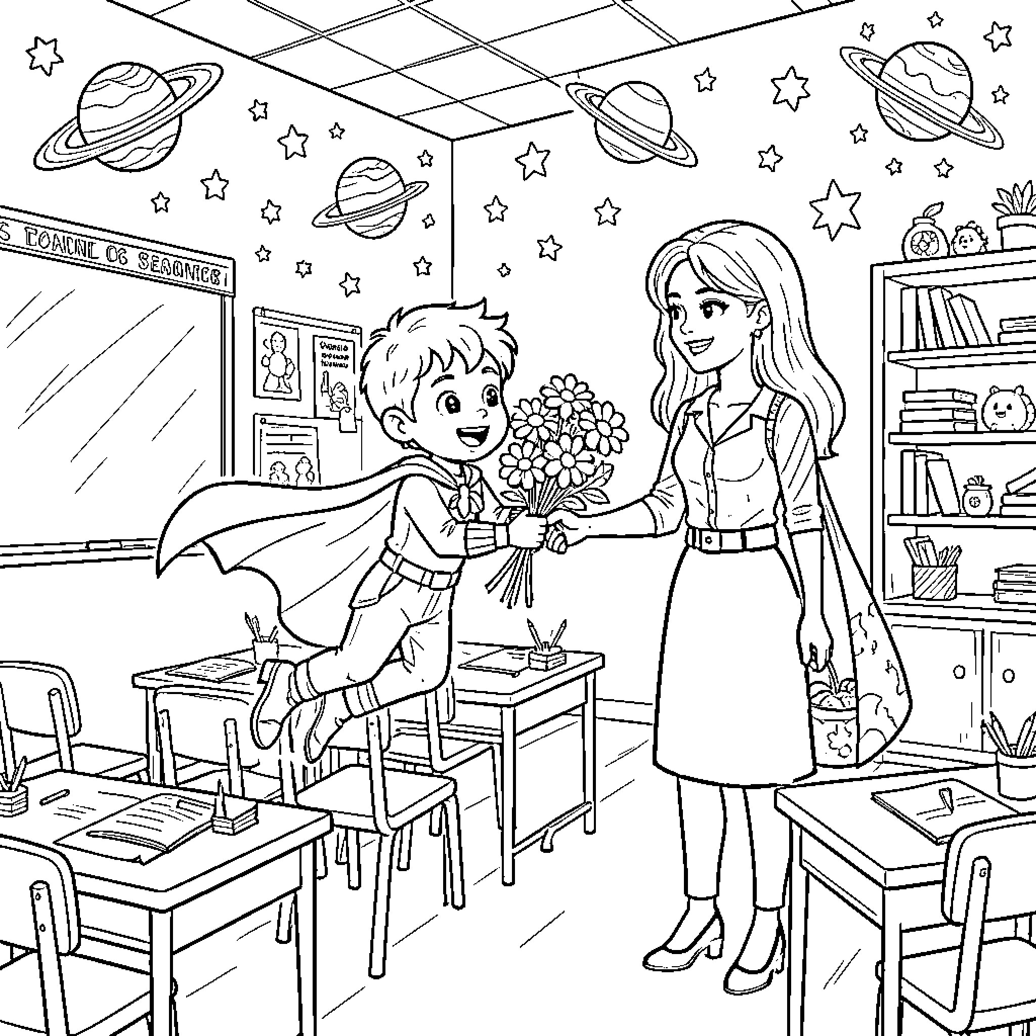 Superhero boy flying to give flowers to his teacher Coloring Page (free black-and-white line drawing printable PDF for all, from beginners to advanced learners, including children, teens, adults, and seniors)