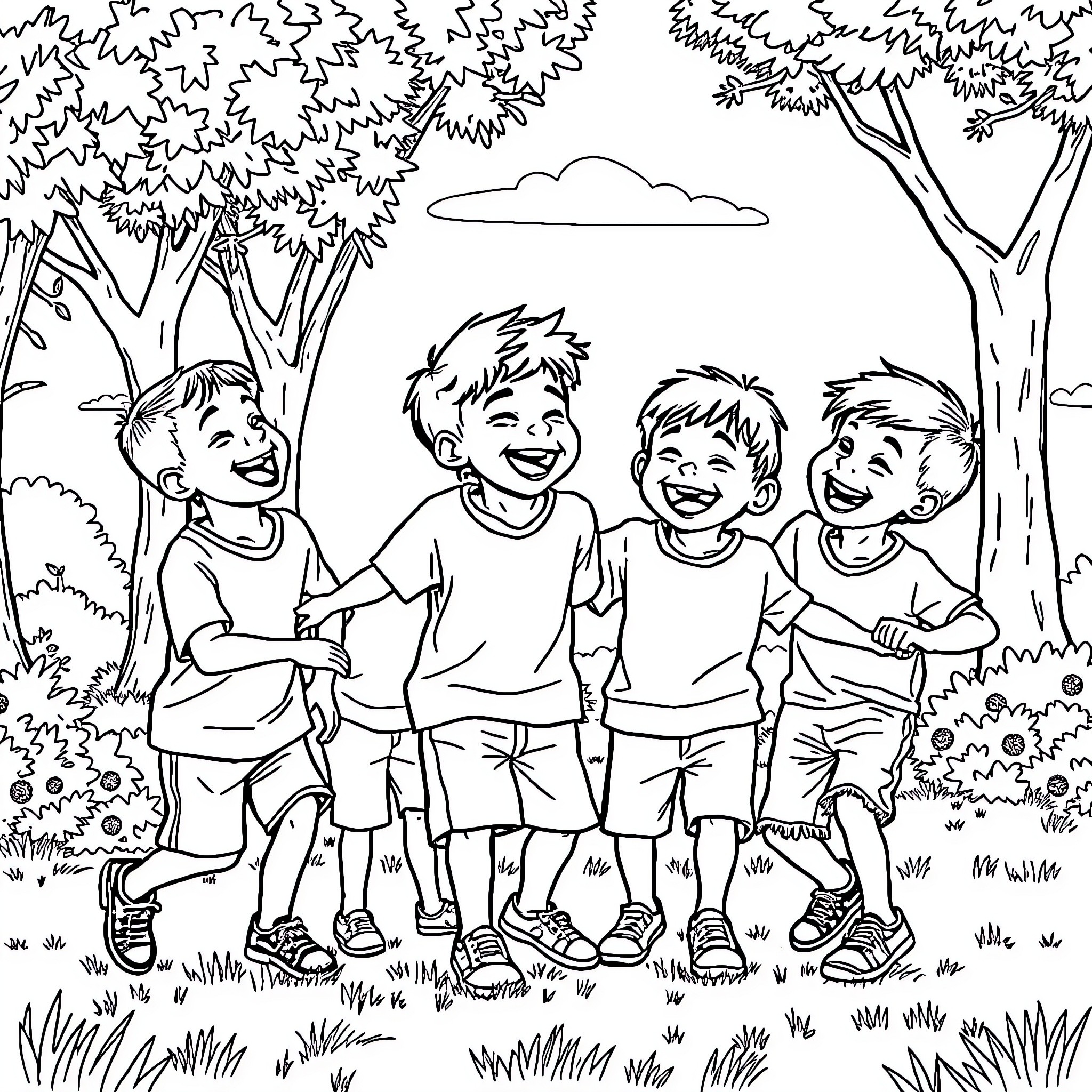 Saja Boy and friends enjoying outdoor adventure Coloring Page (free black-and-white line drawing printable PDF for all, from beginners to advanced learners, including children, teens, adults, and seniors)