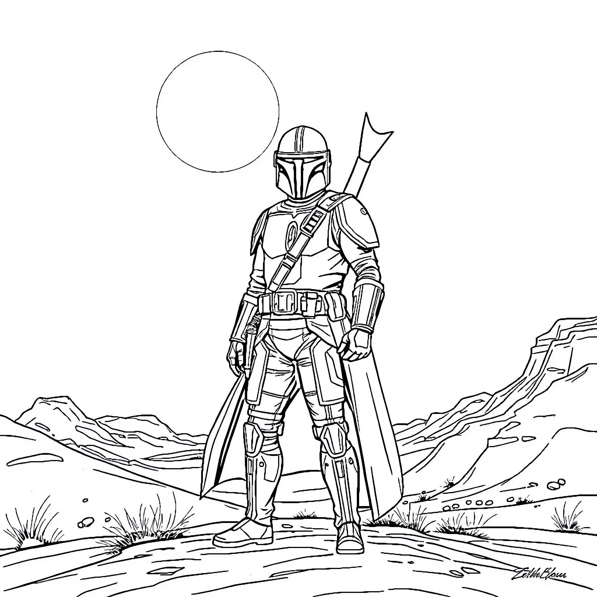 Mandalorian Warrior Stands Tall in the Desert Landscape Coloring Page (free black-and-white line drawing printable PDF for all, from beginners to advanced learners, including children, teens, adults, and seniors)