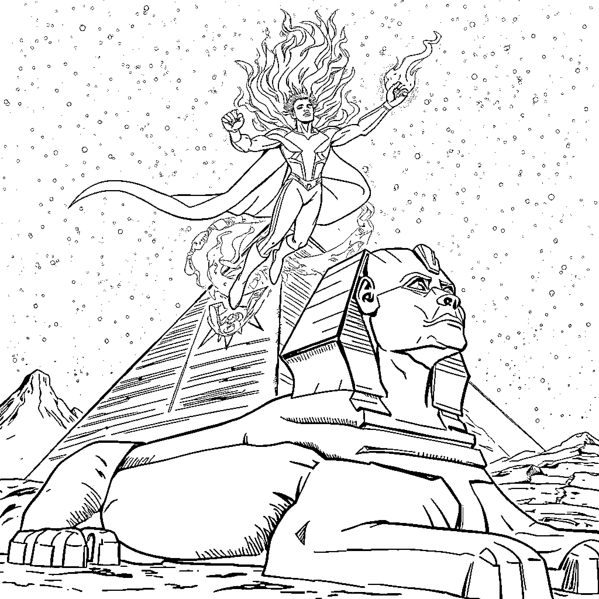 Human Torch igniting the night sky over ancient Egyptian ruins Coloring Page (free black-and-white line drawing printable PDF for all, from beginners to advanced learners, including children, teens, adults, and seniors)