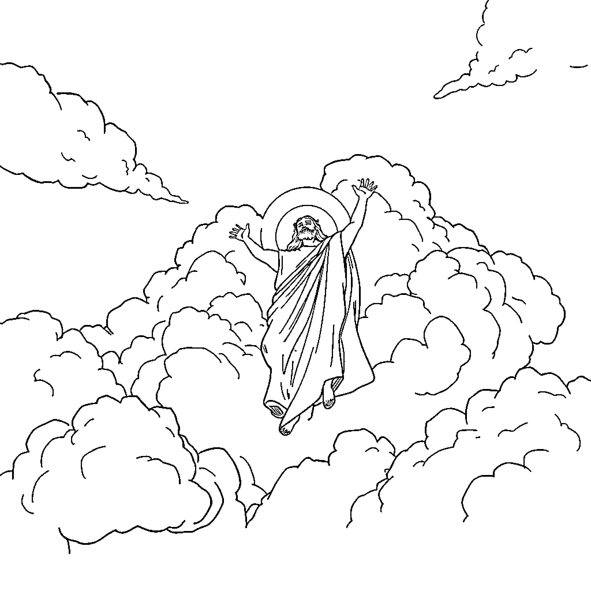 Yahusha ascending among the clouds Coloring Page (free black-and-white line drawing printable PDF for all, from beginners to advanced learners, including children, teens, adults, and seniors)