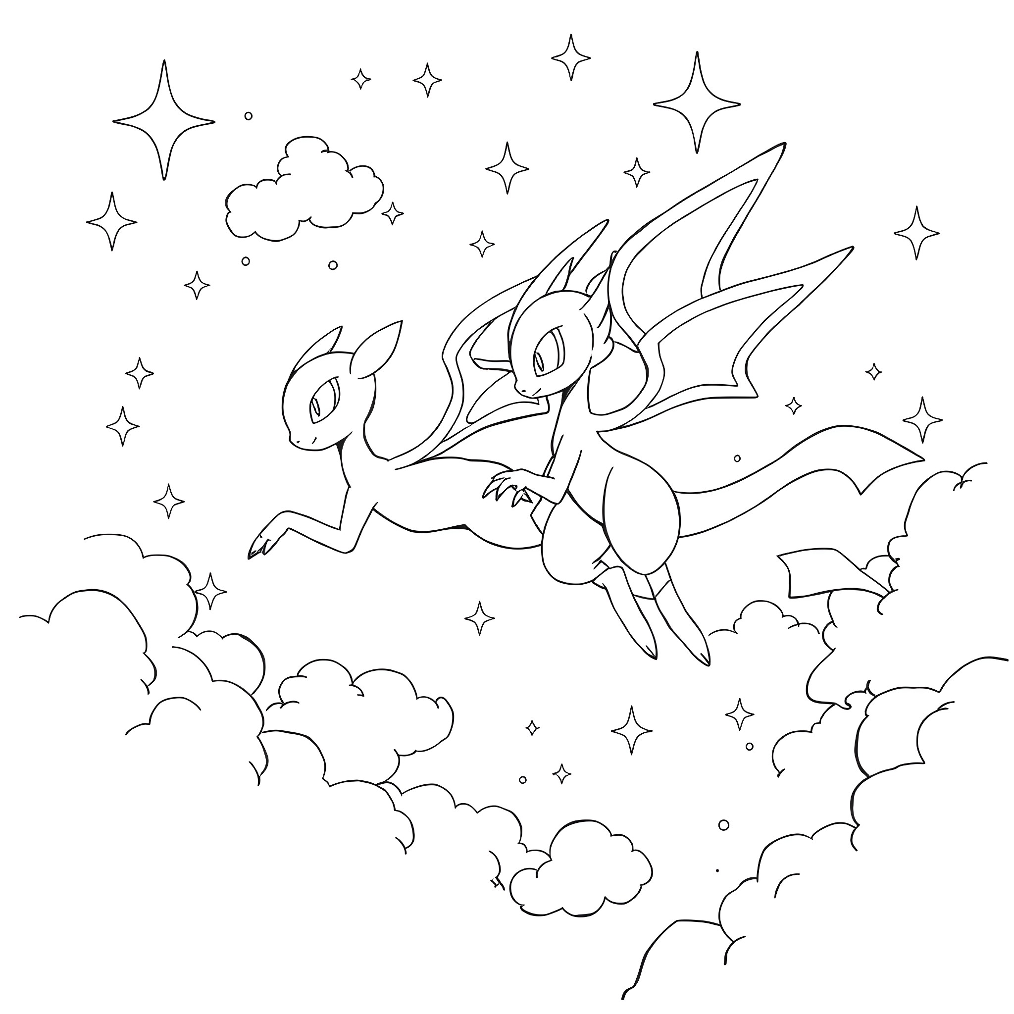 Mew and Mewtwo soaring through the starry night sky Coloring Page (free black-and-white line drawing printable PDF for all, from beginners to advanced learners, including children, teens, adults, and seniors)