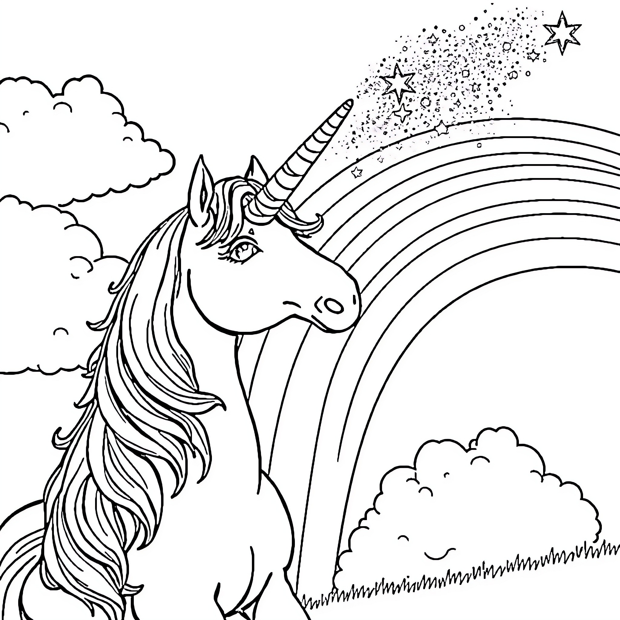 Unicorn gazing at rainbow and sparkling stars Coloring Page (free black-and-white line drawing printable PDF for all, from beginners to advanced learners, including children, teens, adults, and seniors)