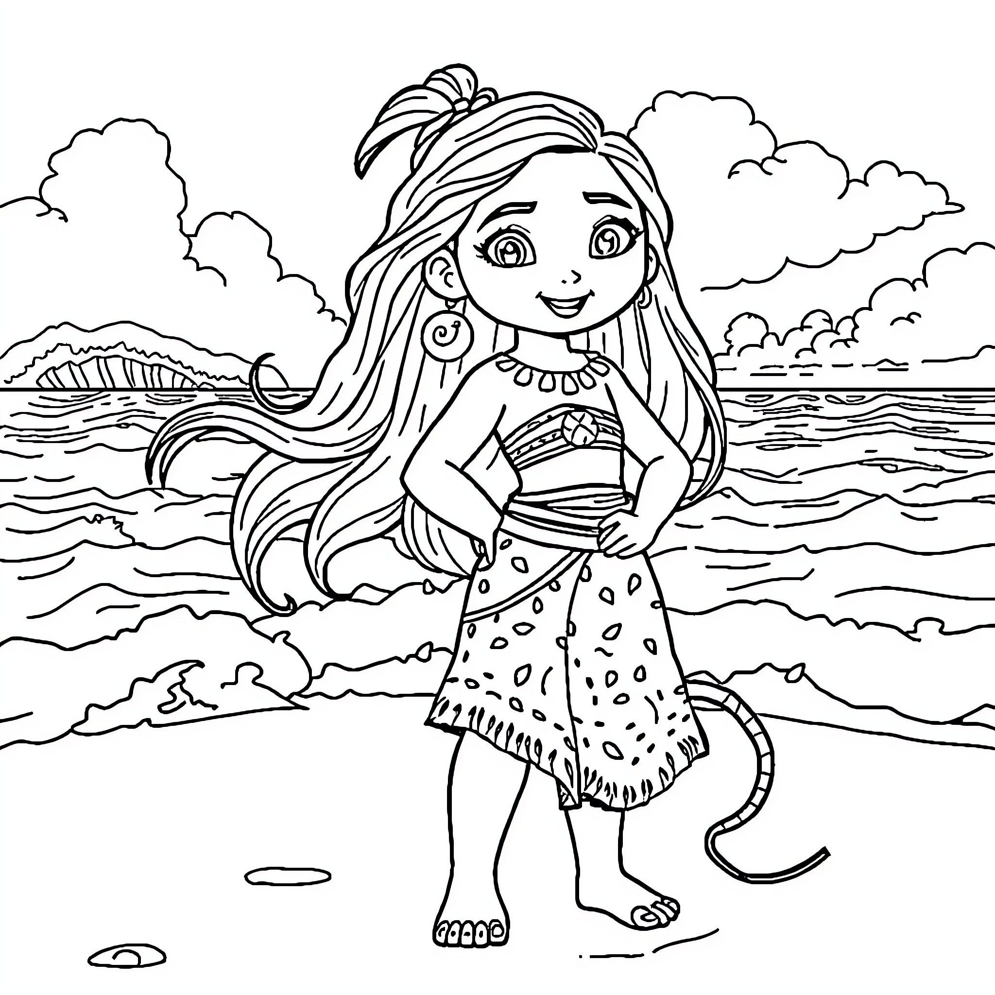 Moana exploring the beach with a friendly ocean Coloring Page (free black-and-white line drawing printable PDF for all, from beginners to advanced learners, including children, teens, adults, and seniors)