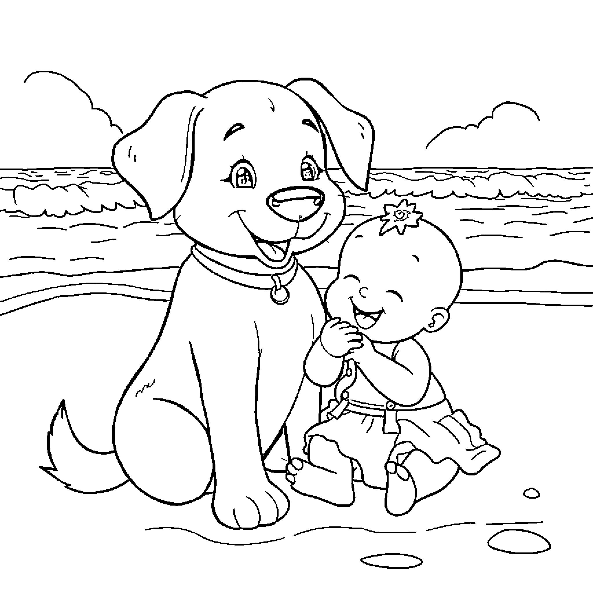 Dog playing with child on the beach Coloring Page (free black-and-white line drawing printable PDF for all, from beginners to advanced learners, including children, teens, adults, and seniors)