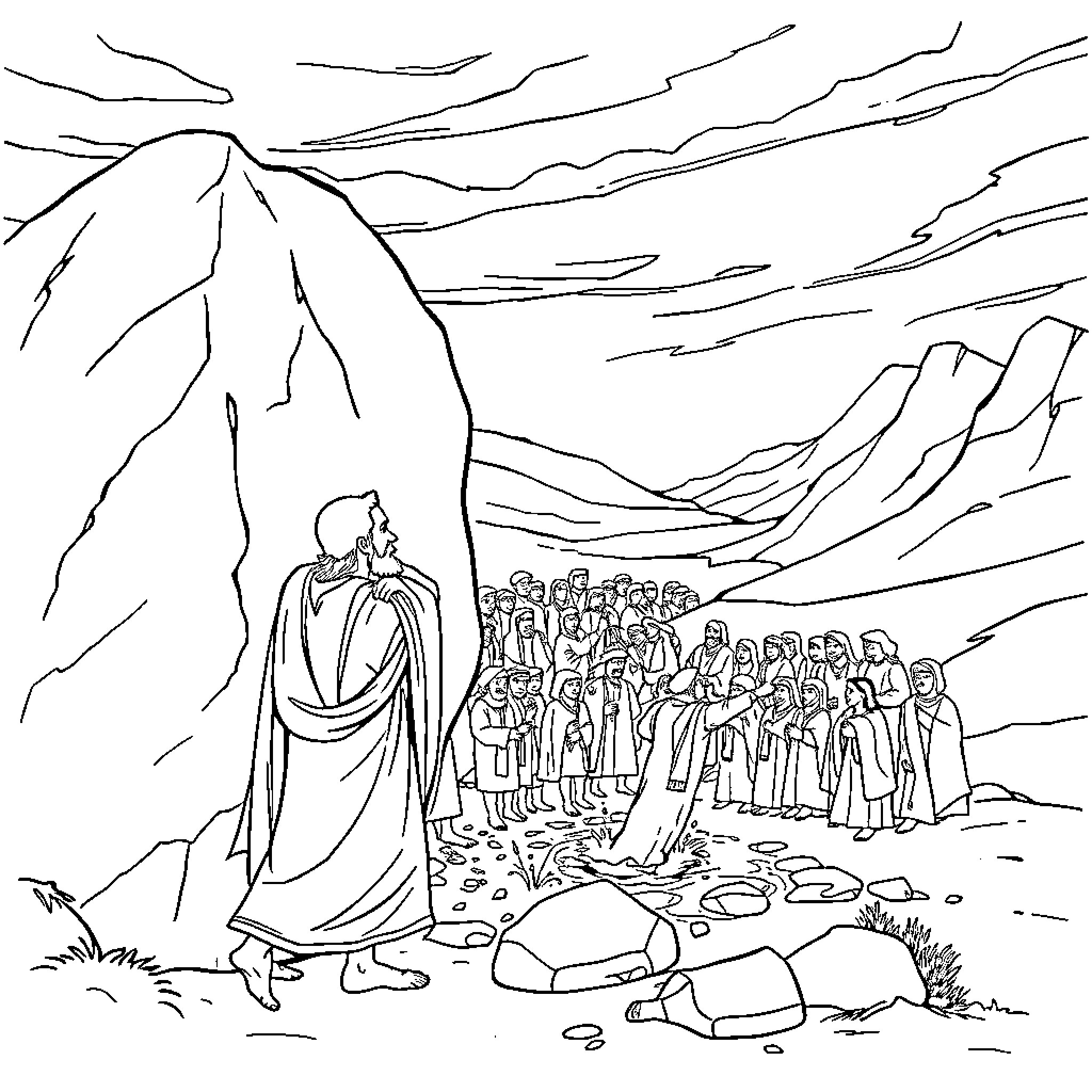 Moses leading the Israelites through the wilderness Coloring Page (free black-and-white line drawing printable PDF for all, from beginners to advanced learners, including children, teens, adults, and seniors)