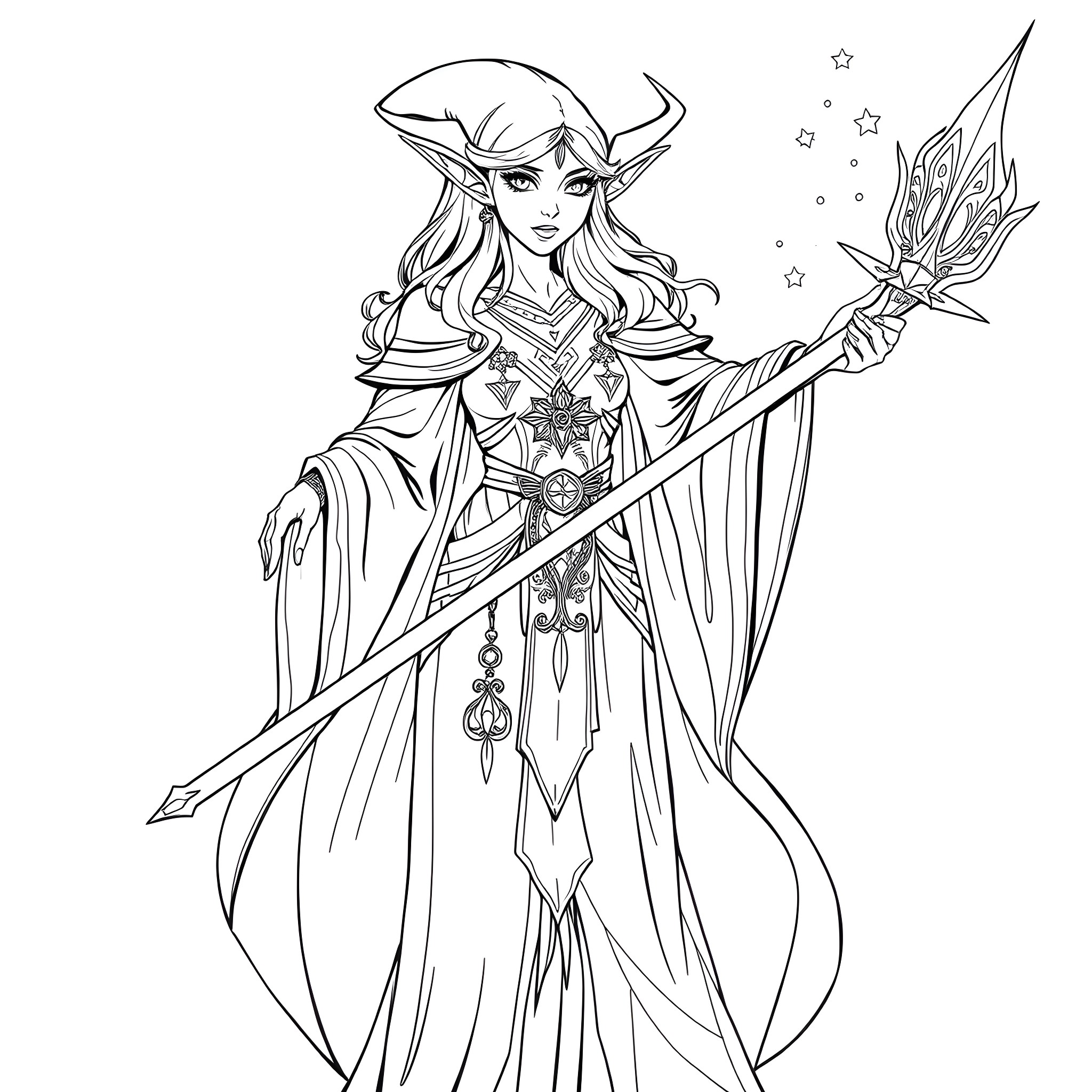 High Elf Warrior Stands Tall with Magical Spear Coloring Page (free black-and-white line drawing printable PDF for all, from beginners to advanced learners, including children, teens, adults, and seniors)