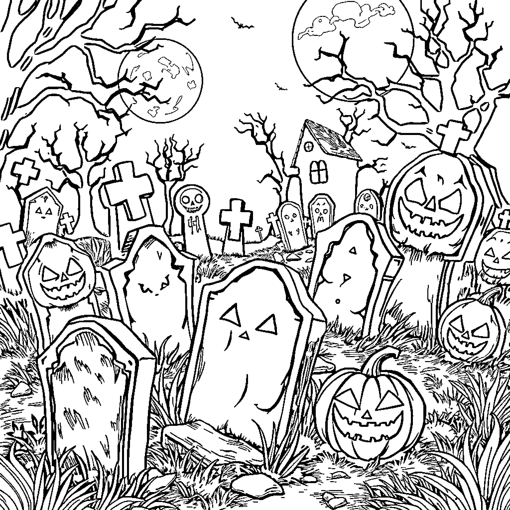 Graveyard with Halloween imagery and spooky figures Coloring Page (free black-and-white line drawing printable PDF for all, from beginners to advanced learners, including children, teens, adults, and seniors)