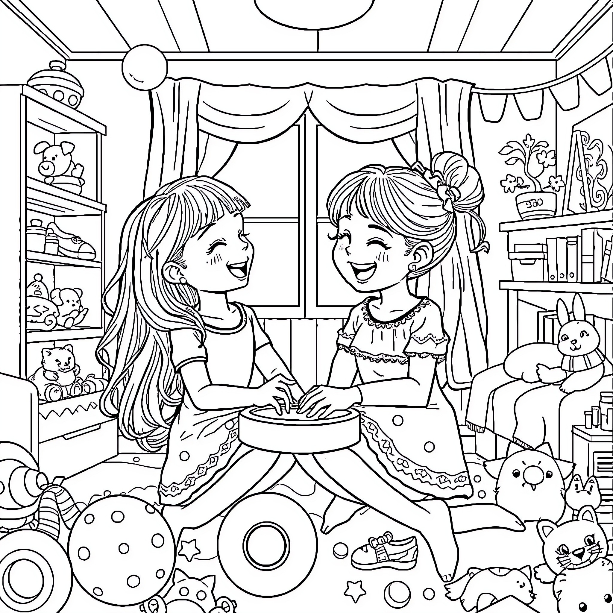 Sisters enjoying a playful day together Coloring Page (free black-and-white line drawing printable PDF for all, from beginners to advanced learners, including children, teens, adults, and seniors)