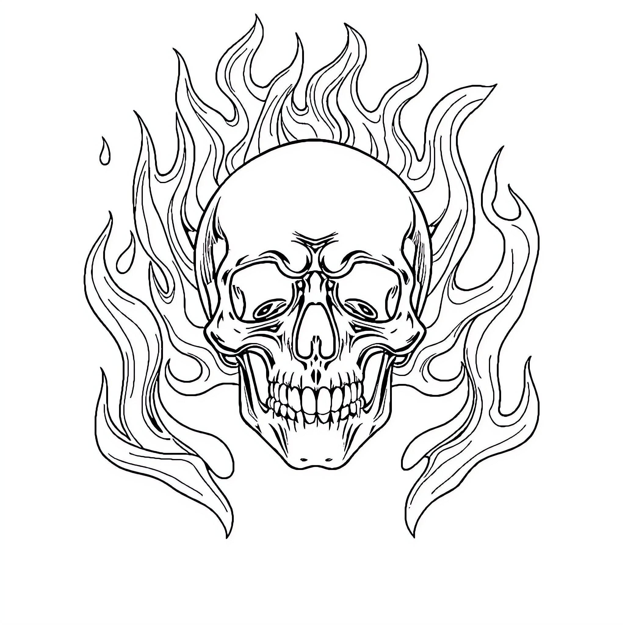 Skull engulfed in fiery flames Coloring Page (free black-and-white line drawing printable PDF for all, from beginners to advanced learners, including children, teens, adults, and seniors)