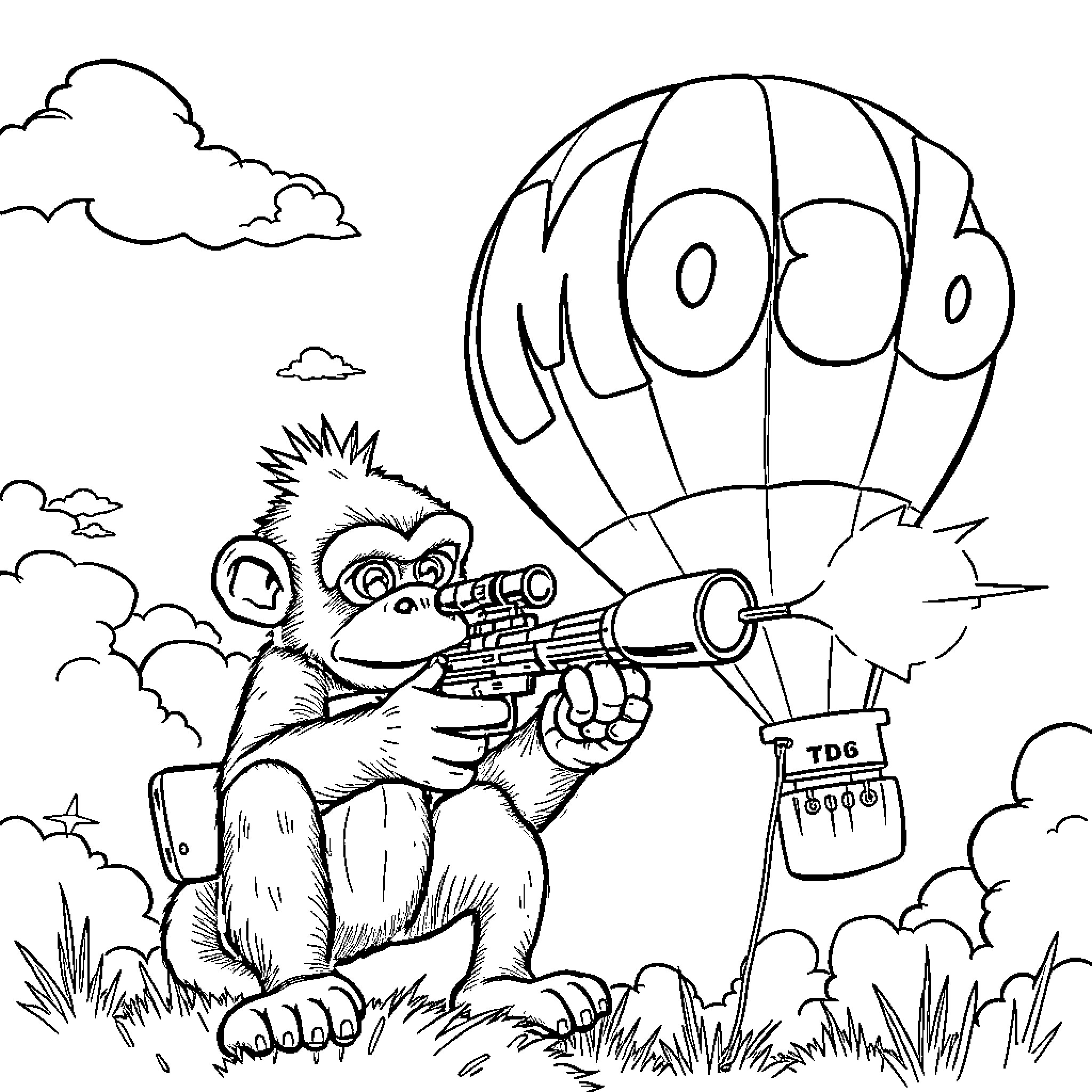 Sniper Monkey Aiming at Hot Air Balloon Coloring Page (free black-and-white line drawing printable PDF for all, from beginners to advanced learners, including children, teens, adults, and seniors)