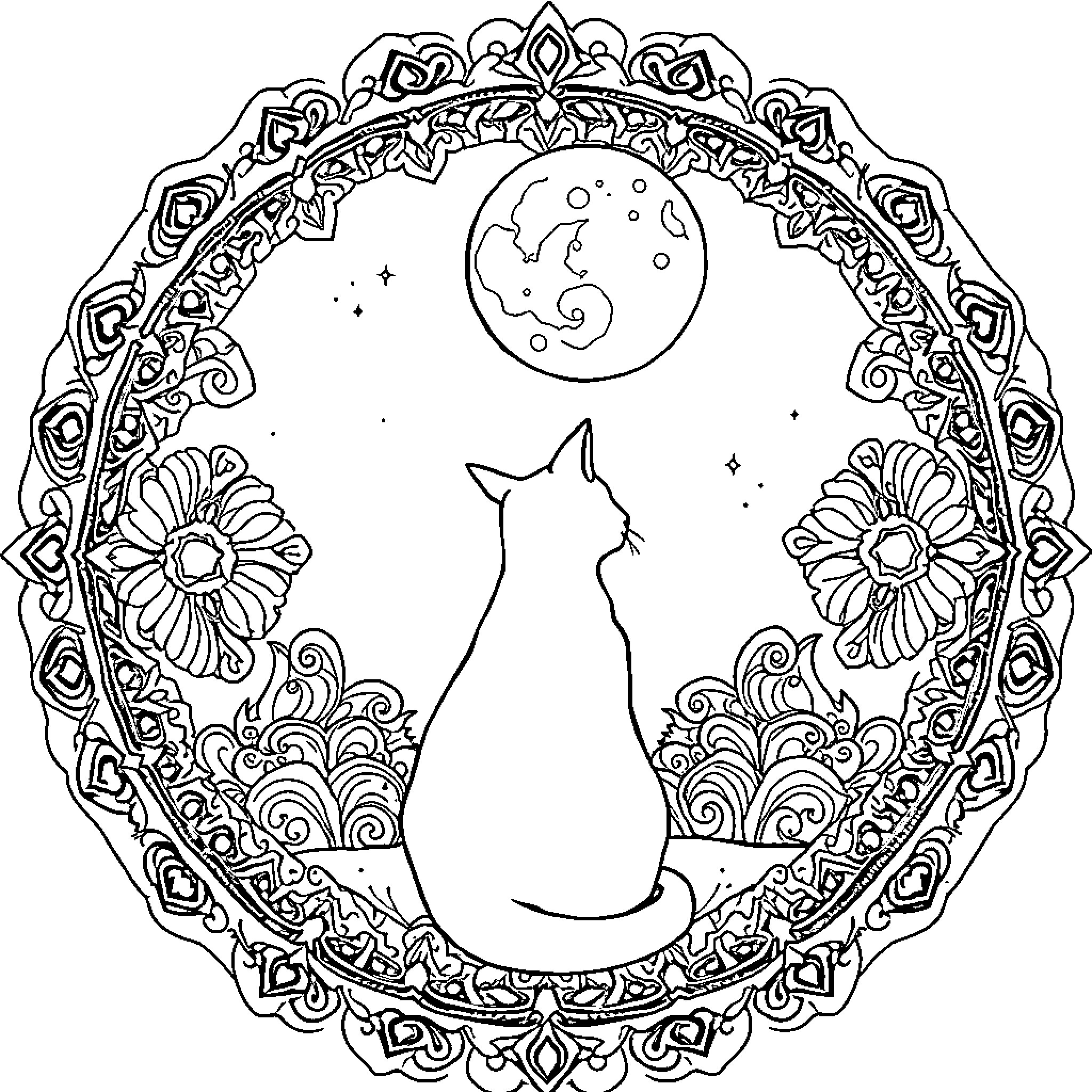 Cat gazing at the moon surrounded by floral design Coloring Page (free black-and-white line drawing printable PDF for all, from beginners to advanced learners, including children, teens, adults, and seniors)