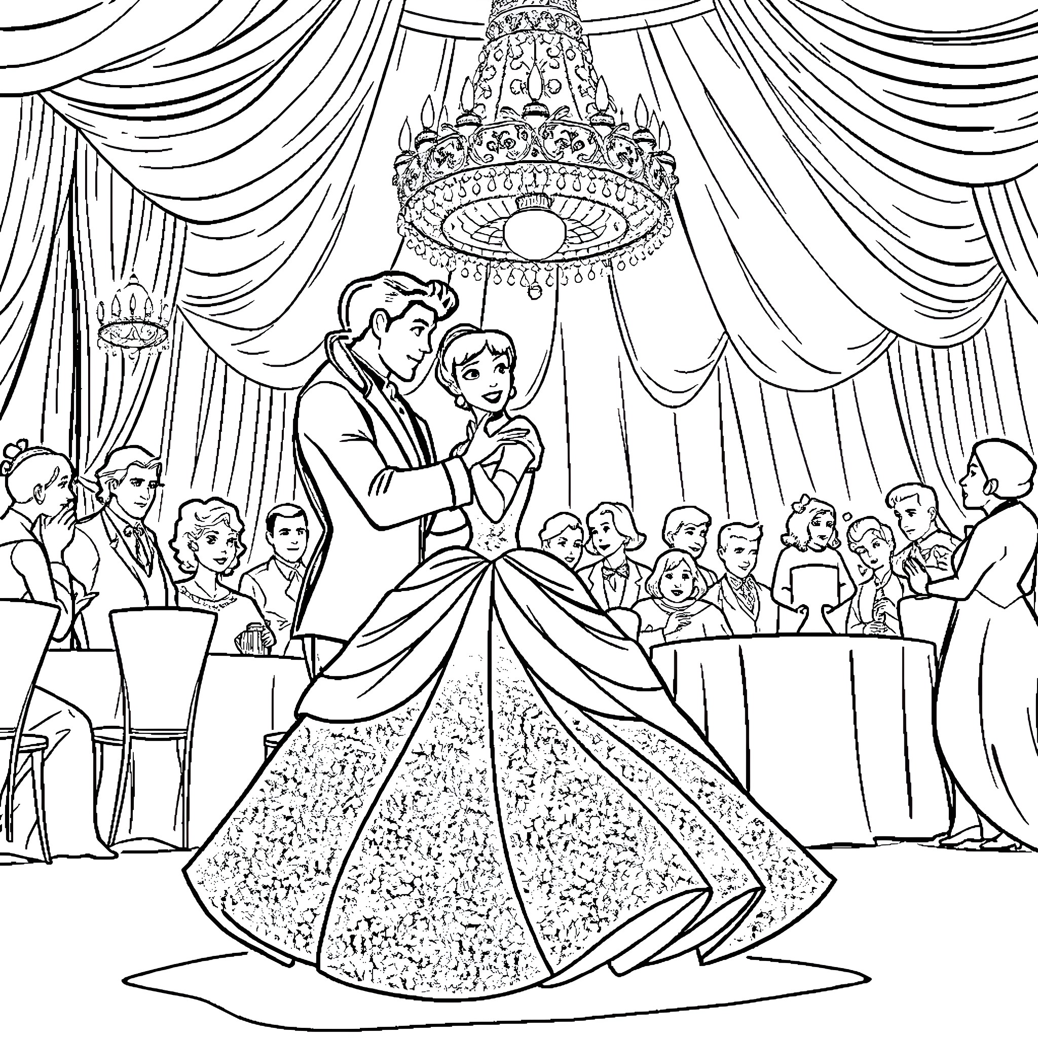 Cinderella's Royal Ball and Enchanting Transformation Coloring Page (free black-and-white line drawing printable PDF for all, from beginners to advanced learners, including children, teens, adults, and seniors)