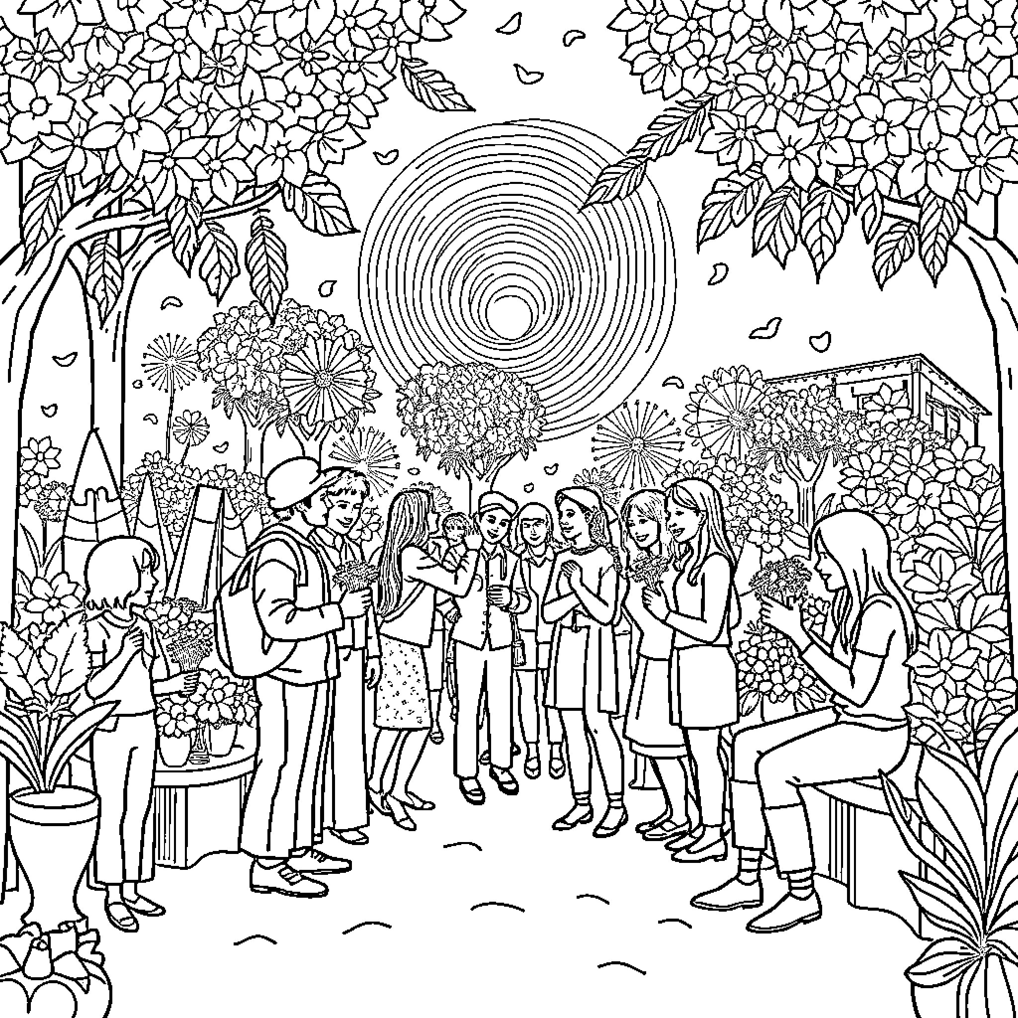 Color By Number Community Gathering Under the Sun Coloring Page (free black-and-white line drawing printable PDF for all, from beginners to advanced learners, including children, teens, adults, and seniors)