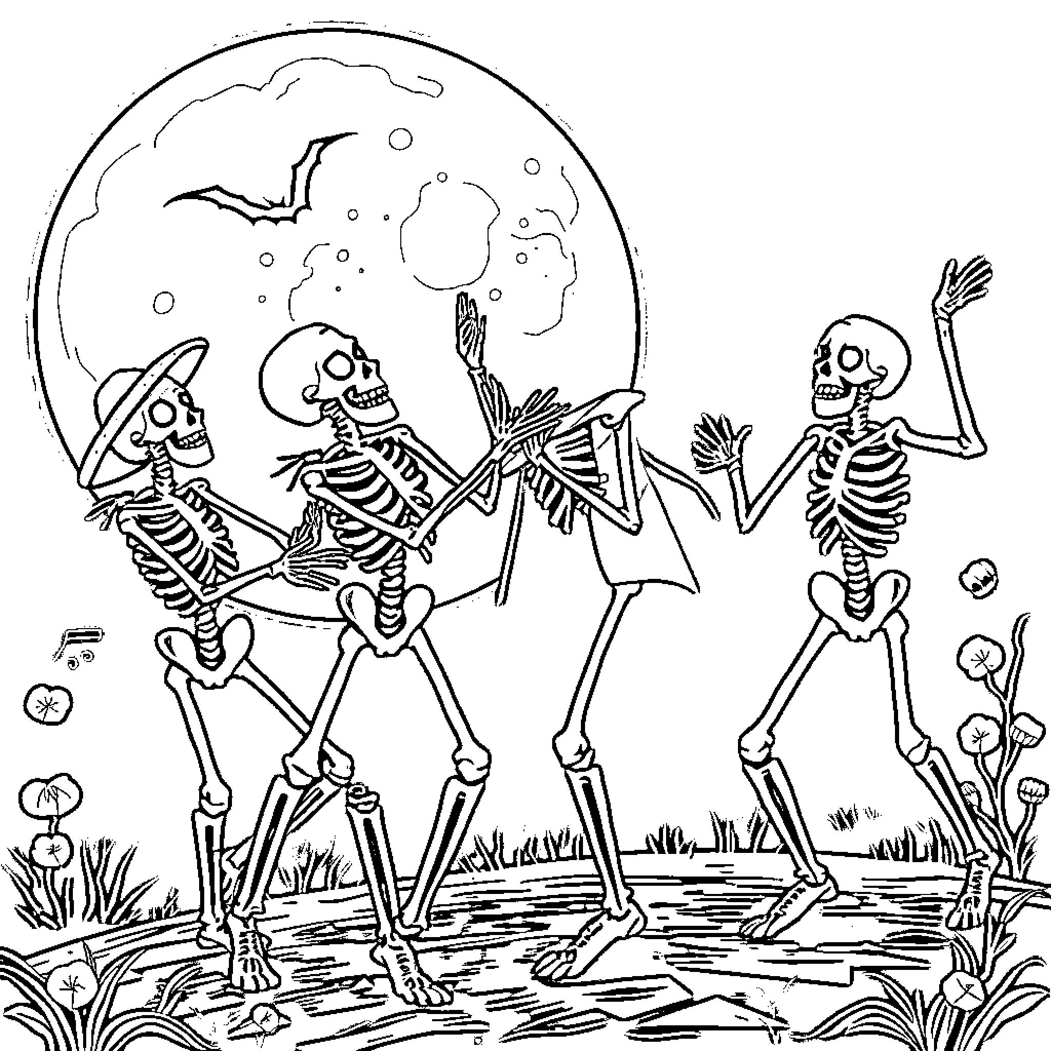 Skeleton Figures Dancing Beneath the Moonlight Coloring Page (free black-and-white line drawing printable PDF for all, from beginners to advanced learners, including children, teens, adults, and seniors)
