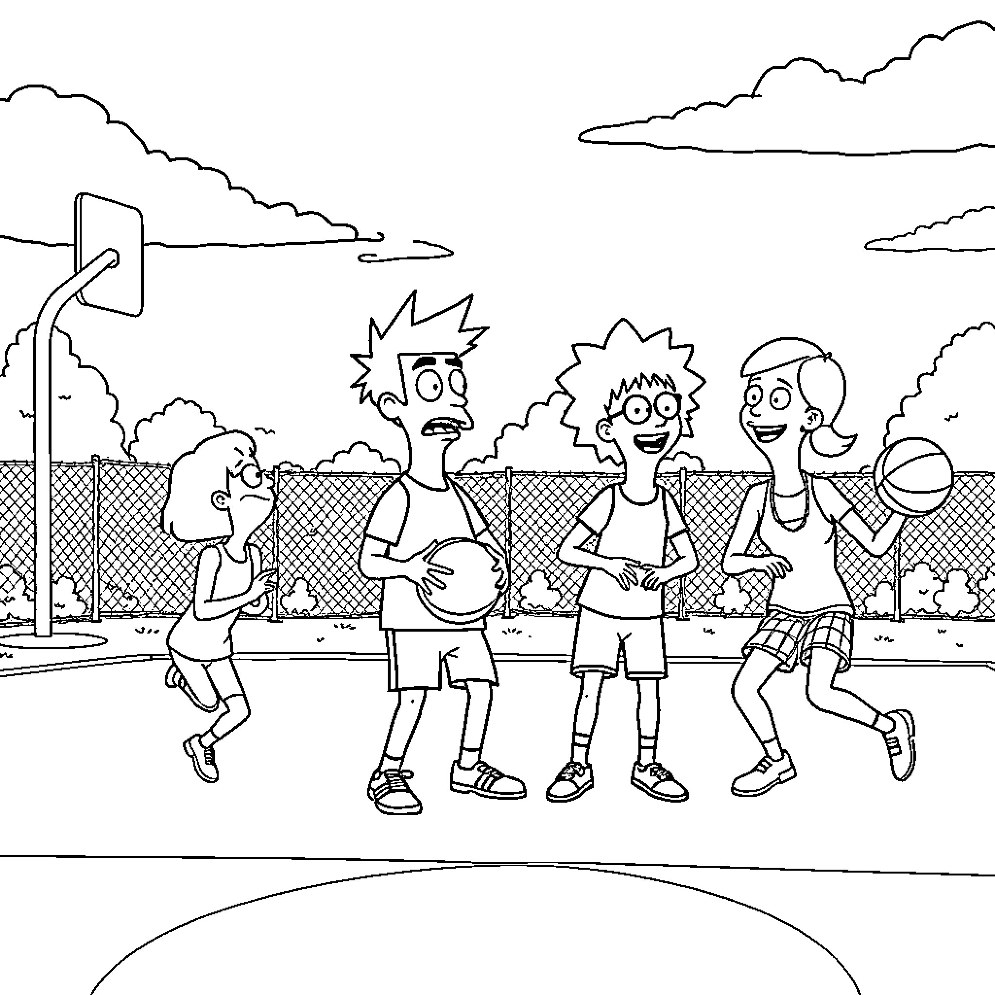 Bob's Burgers Characters Playing Basketball on Court Coloring Page (free black-and-white line drawing printable PDF for all, from beginners to advanced learners, including children, teens, adults, and seniors)