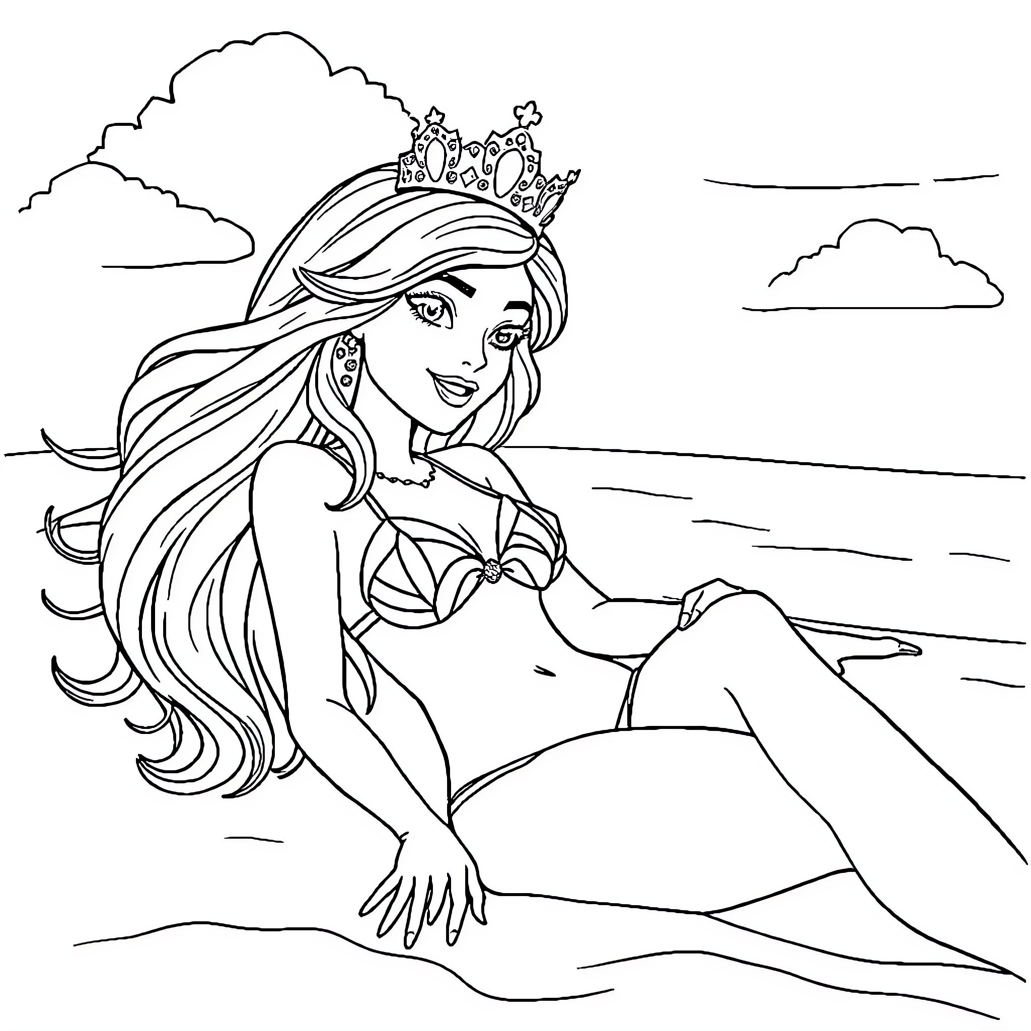Princess enjoys the beach scenery Coloring Page (free black-and-white line drawing printable PDF for all, from beginners to advanced learners, including children, teens, adults, and seniors)