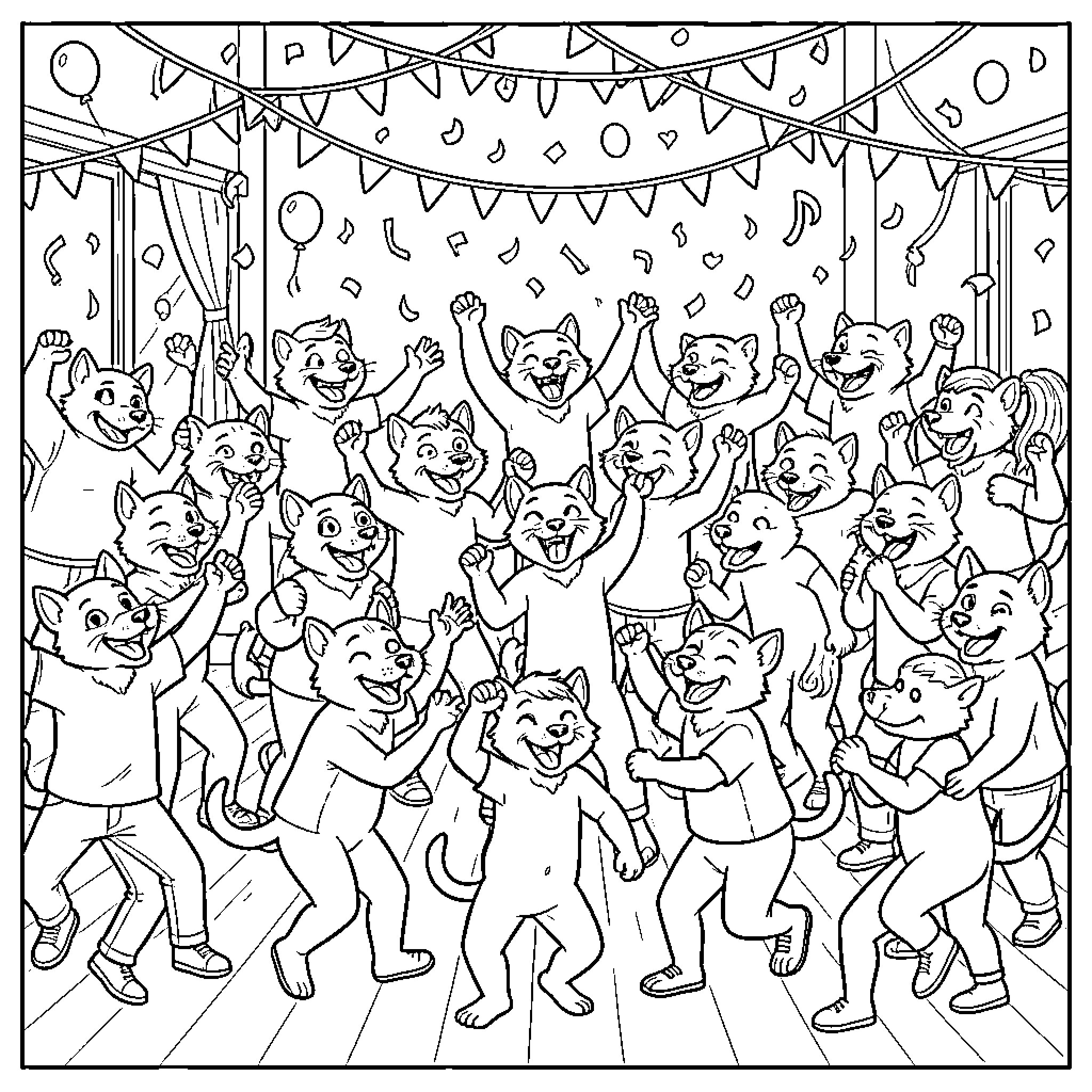 Garito's Festive Celebration with Lively Animal Friends Coloring Page (free black-and-white line drawing printable PDF for all, from beginners to advanced learners, including children, teens, adults, and seniors)