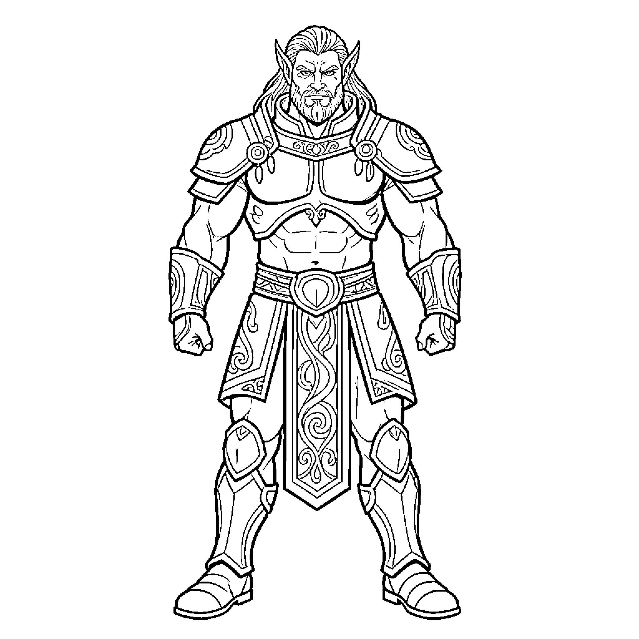 Bolenath standing tall in ornate fantasy warrior armor Coloring Page (free black-and-white line drawing printable PDF for all, from beginners to advanced learners, including children, teens, adults, and seniors)