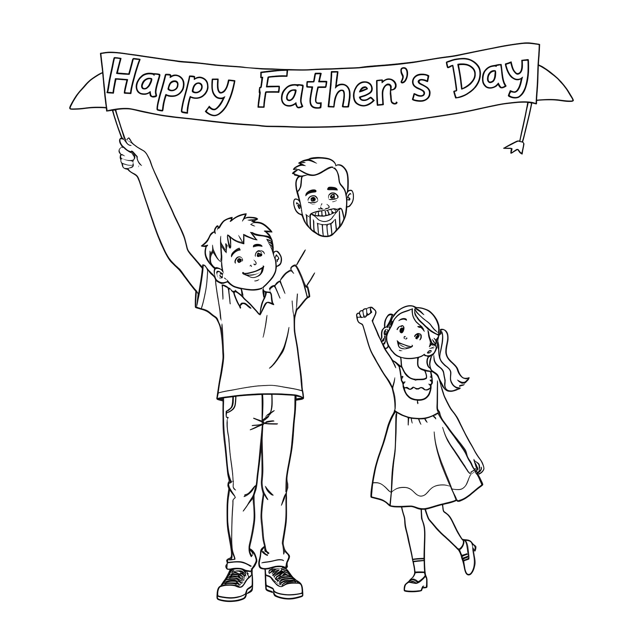 Dad with kids celebrating Father's Day Coloring Page (free black-and-white line drawing printable PDF for all, from beginners to advanced learners, including children, teens, adults, and seniors)