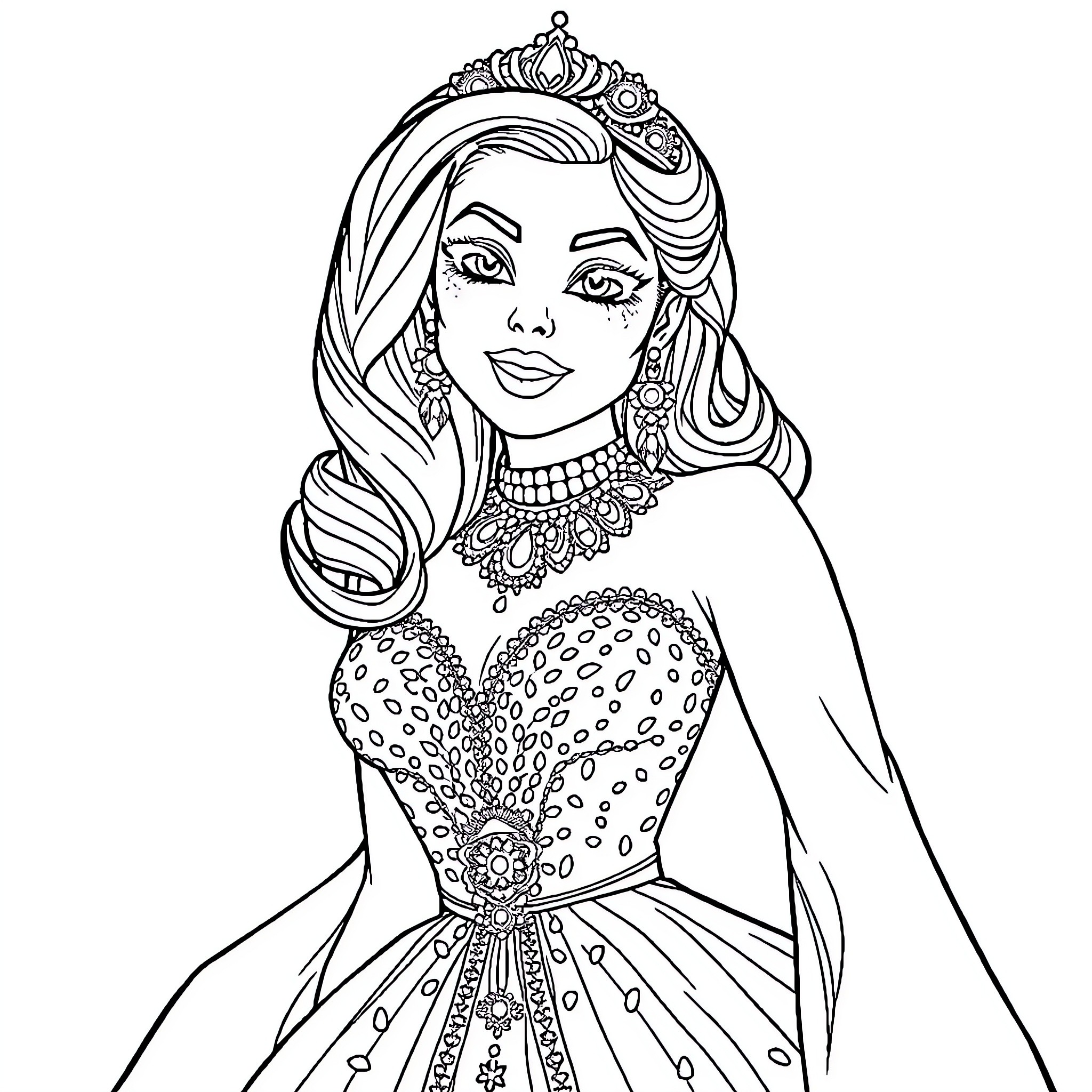 Barbara's Elegant Attire and Accessories Coloring Page (free black-and-white line drawing printable PDF for all, from beginners to advanced learners, including children, teens, adults, and seniors)