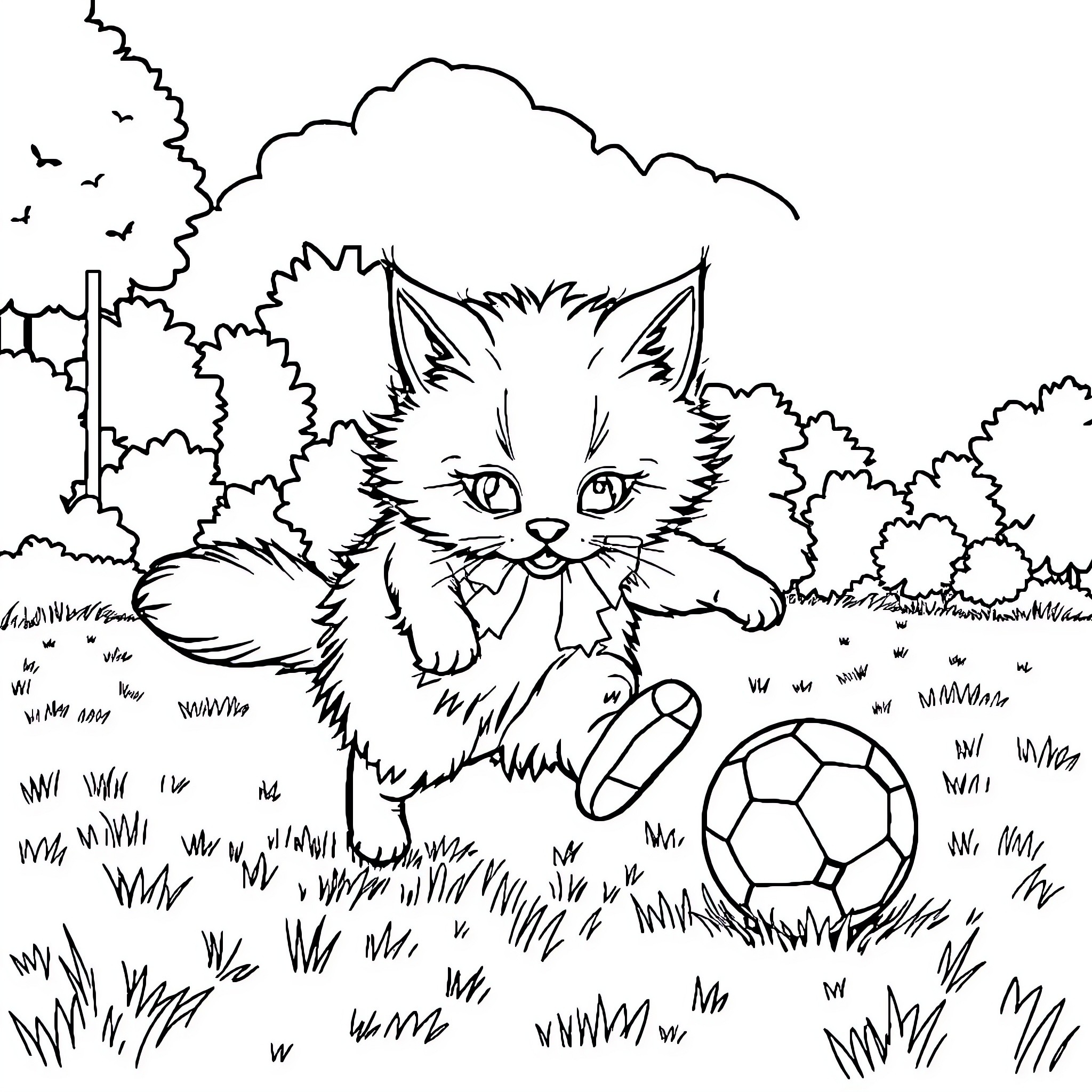 Cat playing with soccer ball in the park Coloring Page (free black-and-white line drawing printable PDF for all, from beginners to advanced learners, including children, teens, adults, and seniors)