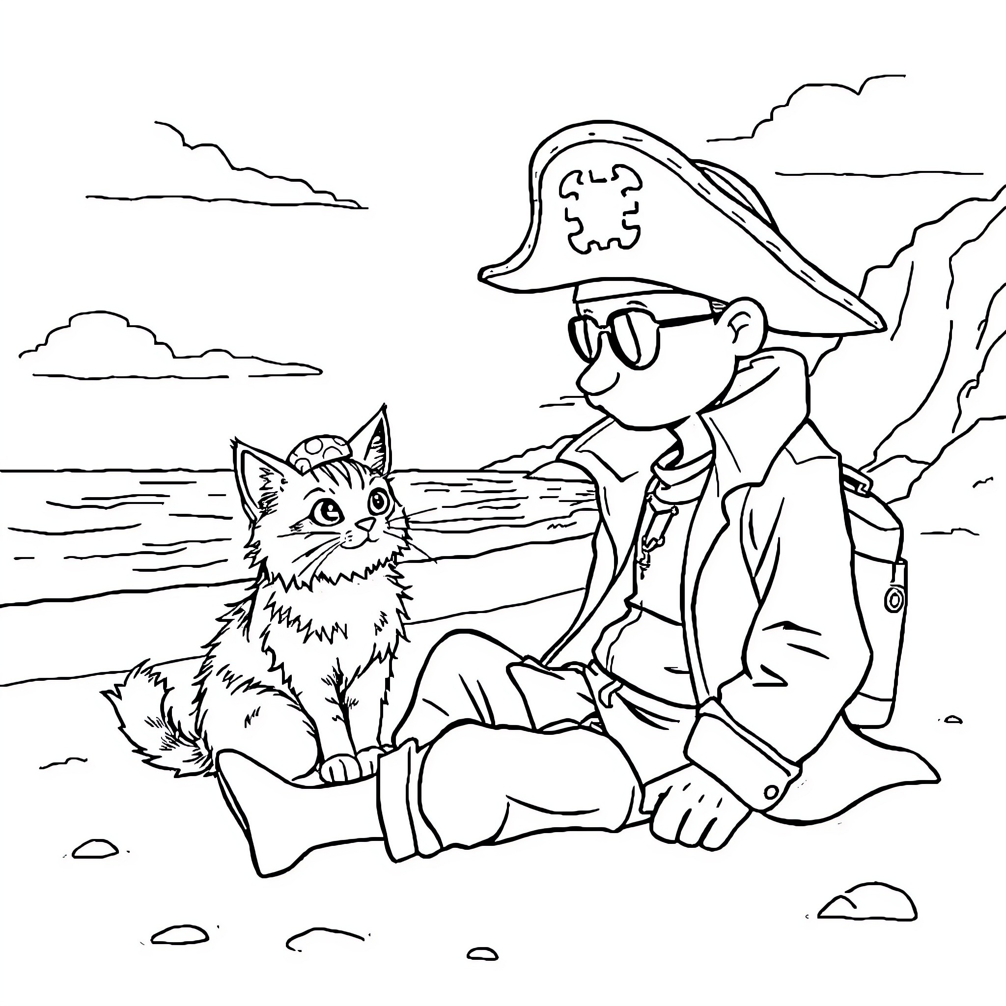 Detective searching for clues with curious cat on beach Coloring Page (free black-and-white line drawing printable PDF for all, from beginners to advanced learners, including children, teens, adults, and seniors)