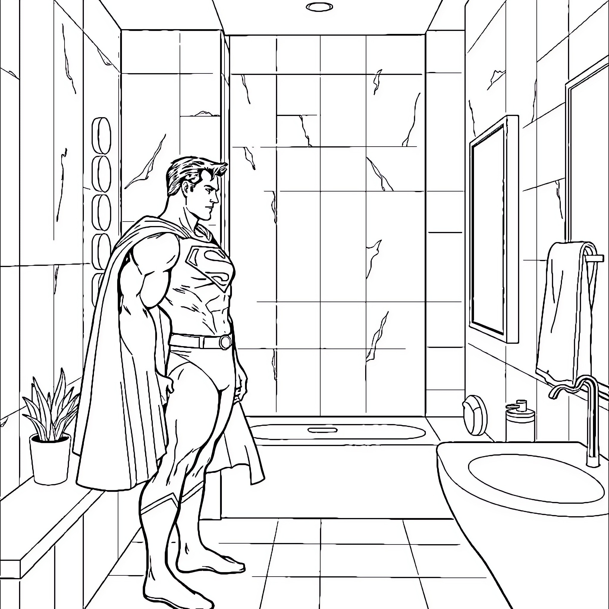Superman standing heroically in a bathroom Coloring Page (free black-and-white line drawing printable PDF for all, from beginners to advanced learners, including children, teens, adults, and seniors)