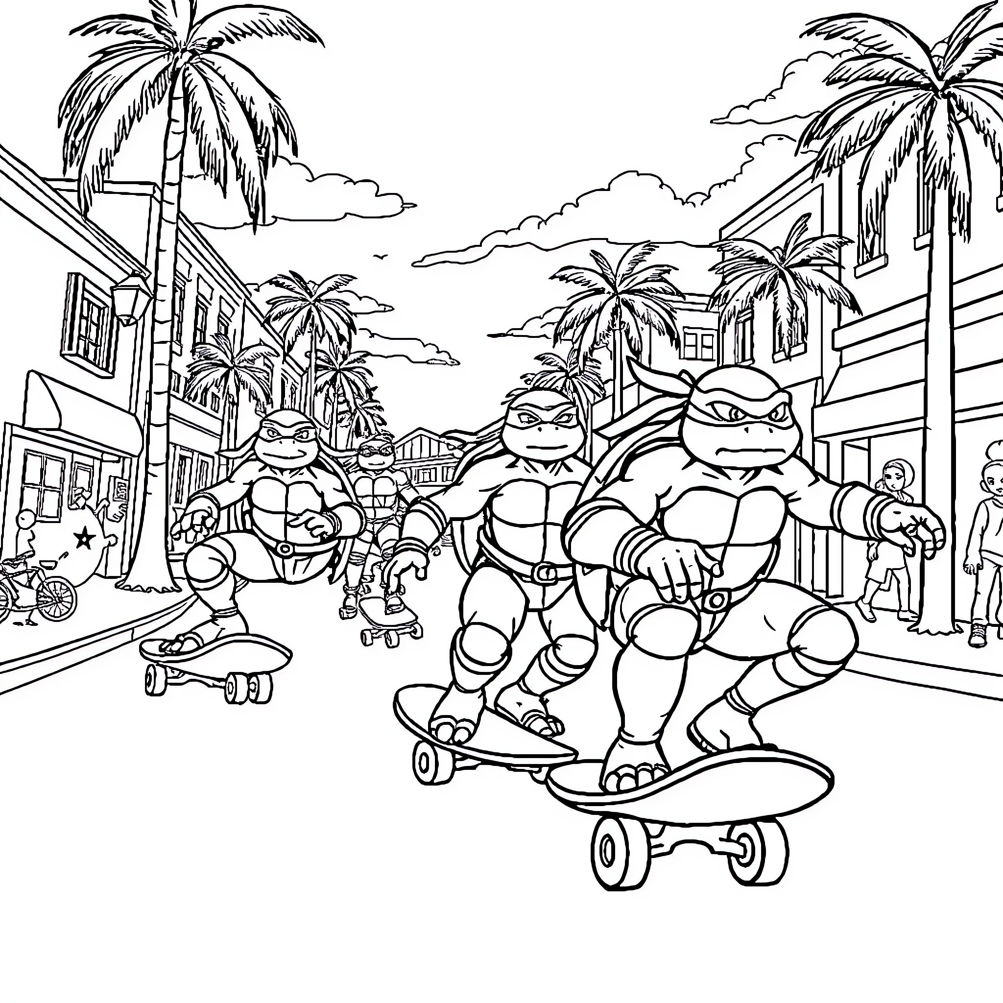 Ninja Turtles skateboarding through tropical town Coloring Page (free black-and-white line drawing printable PDF for all, from beginners to advanced learners, including children, teens, adults, and seniors)