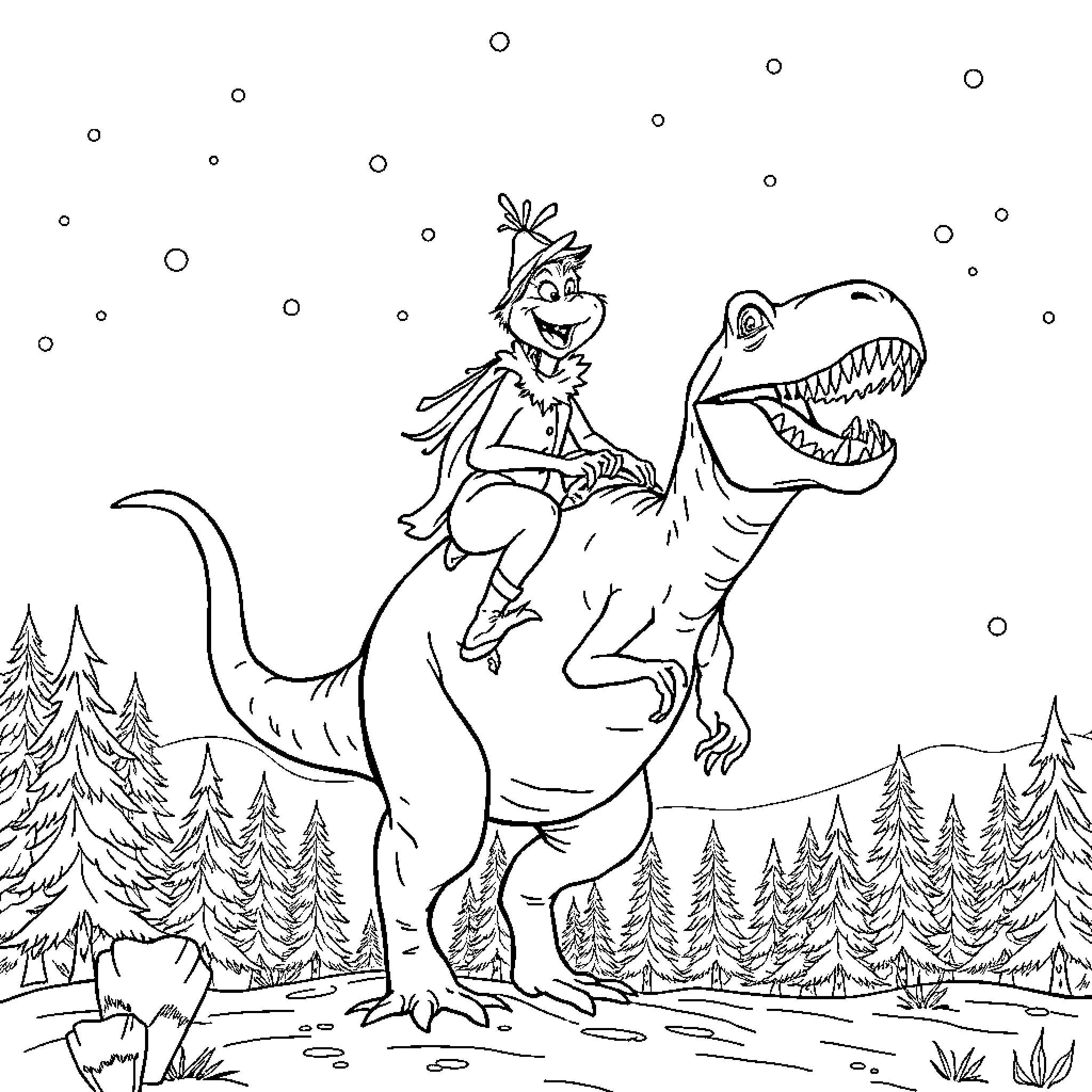 Grinch riding a ferocious dinosaur in the wilderness Coloring Page (free black-and-white line drawing printable PDF for all, from beginners to advanced learners, including children, teens, adults, and seniors)