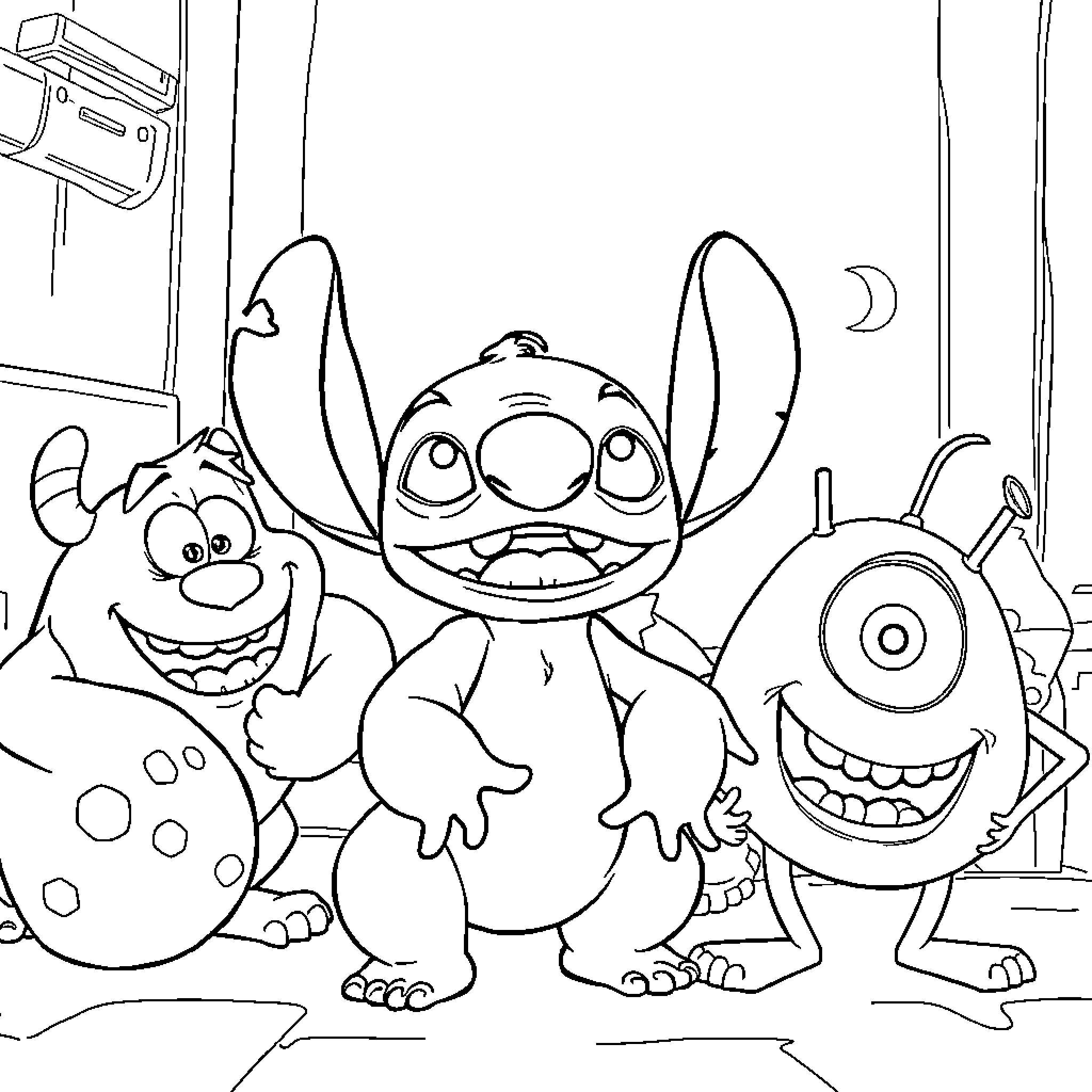 Stitch and friends having a fun playful moment Coloring Page (free black-and-white line drawing printable PDF for all, from beginners to advanced learners, including children, teens, adults, and seniors)