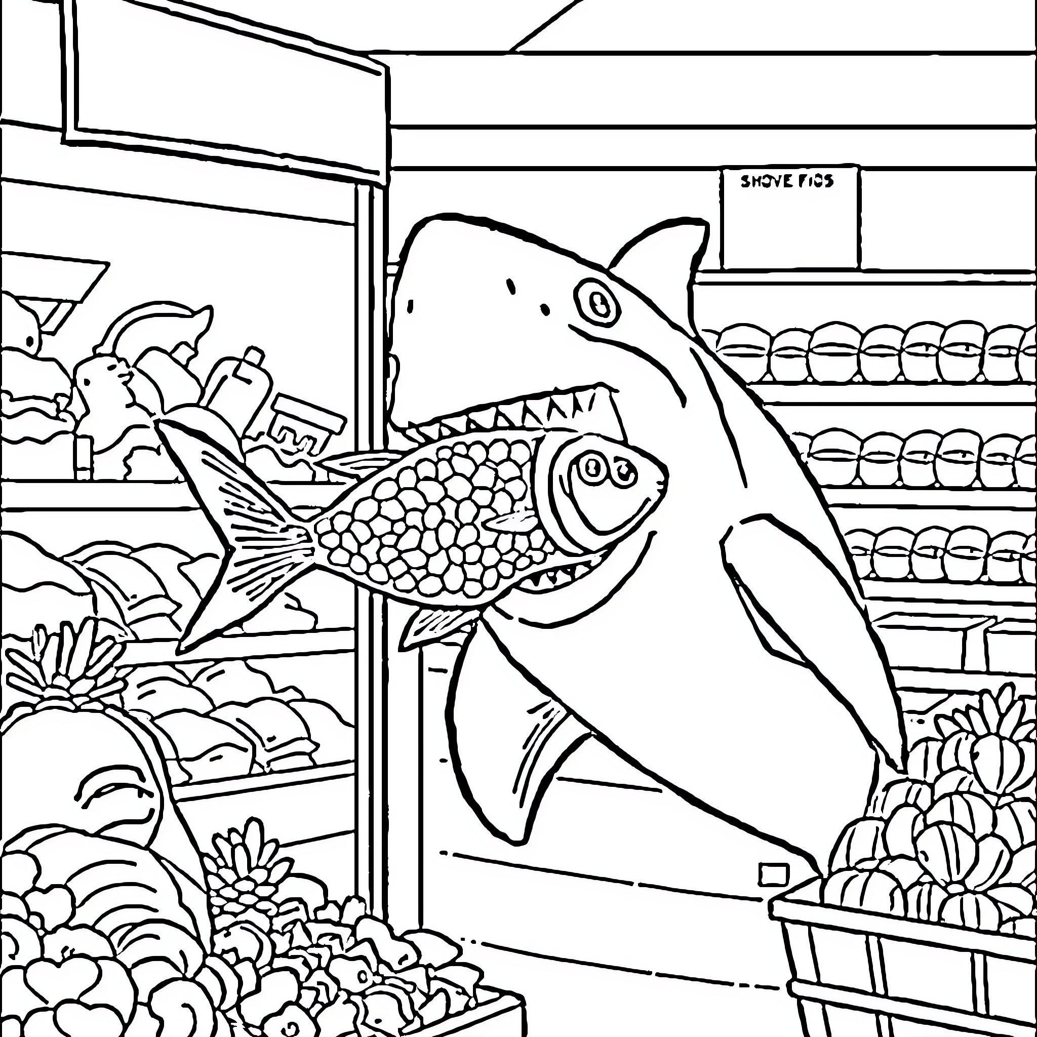 Shark on a shopping spree in a seafood market Coloring Page (free black-and-white line drawing printable PDF for all, from beginners to advanced learners, including children, teens, adults, and seniors)