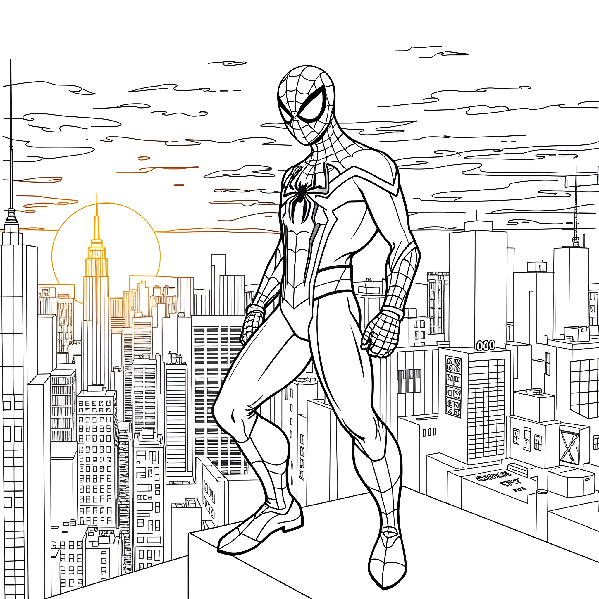Spiderman overlooking the city skyline Coloring Page (free black-and-white line drawing printable PDF for all, from beginners to advanced learners, including children, teens, adults, and seniors)